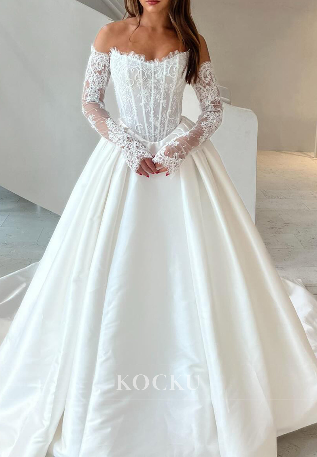 White Lace & Satin Strapless Ball Gown Wedding Dress with Detachable Sleeves and Slit