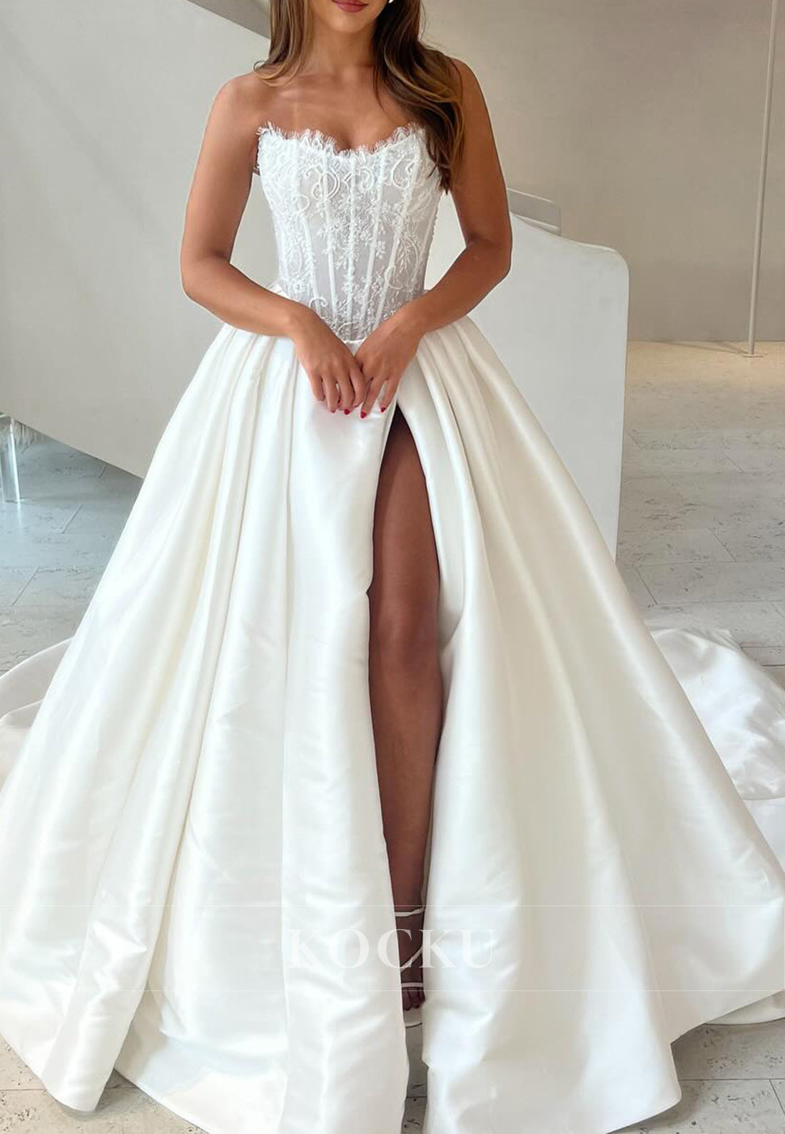 White Lace & Satin Strapless Ball Gown Wedding Dress with Detachable Sleeves and Slit
