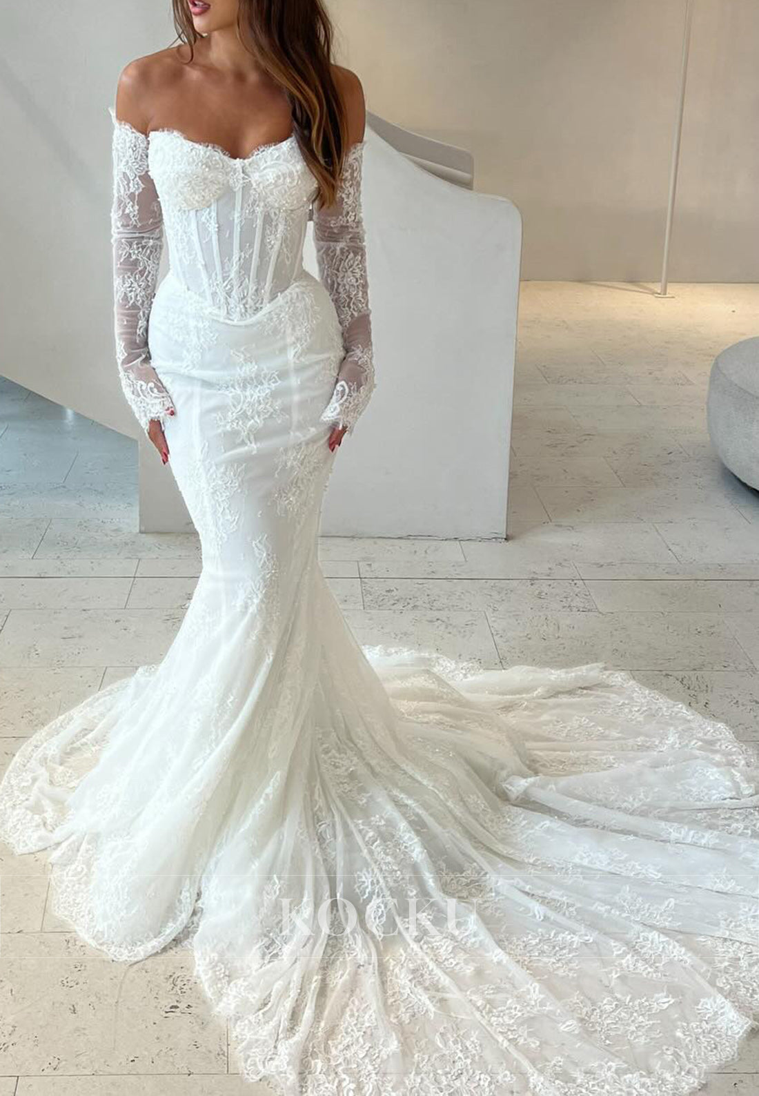 White Strapless Corset Lace Mermaid Wedding Gown with Detachable Sleeves