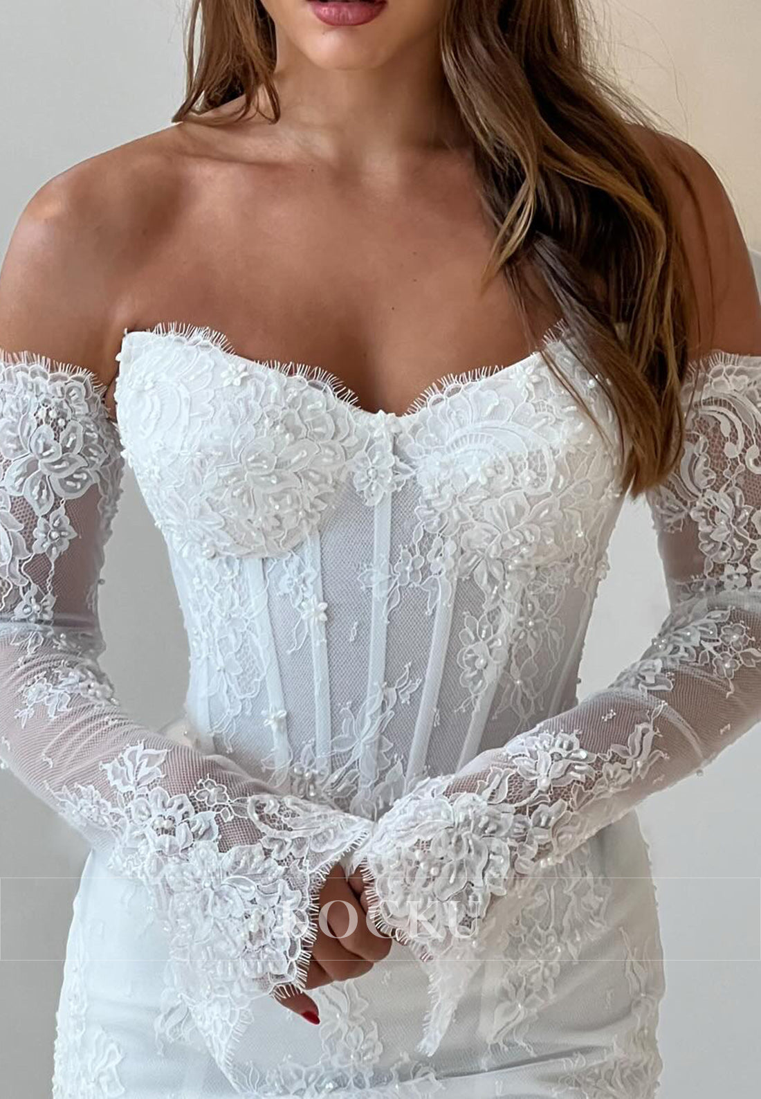White Strapless Corset Lace Mermaid Wedding Gown with Detachable Sleeves
