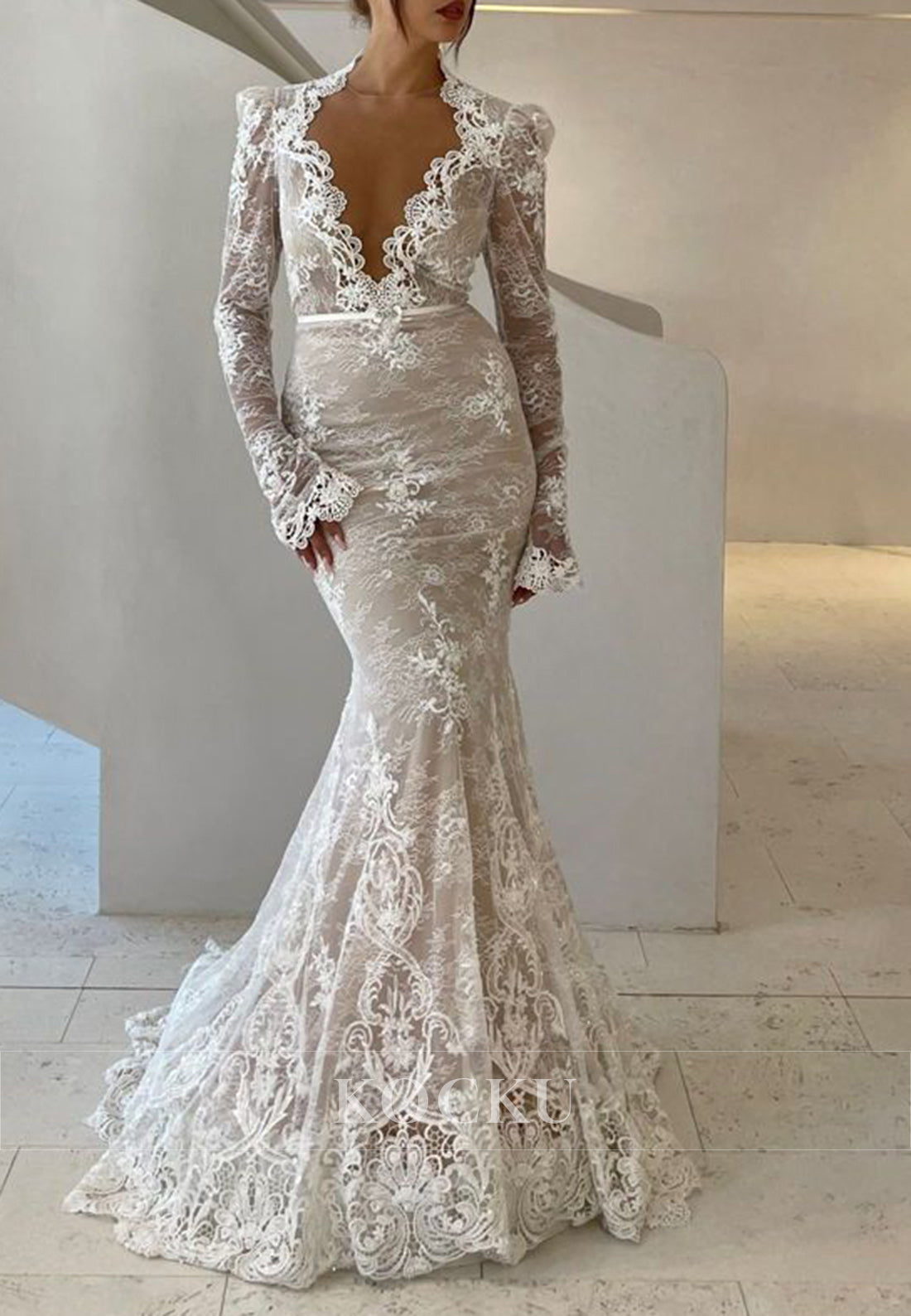 Nude Lace Scalloped Neck Mermaid Wedding Dress with Long Sleeves