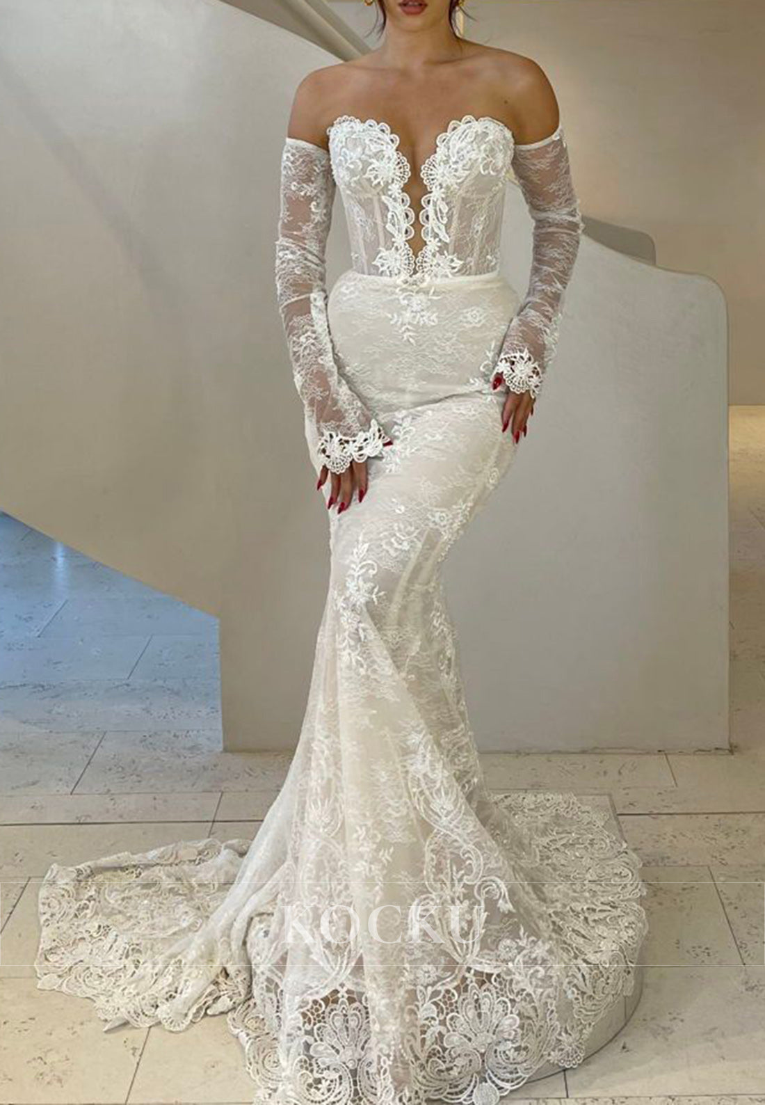 Nude Lace Scalloped Neck Mermaid Long Wedding Dress with Detachable Sleeves