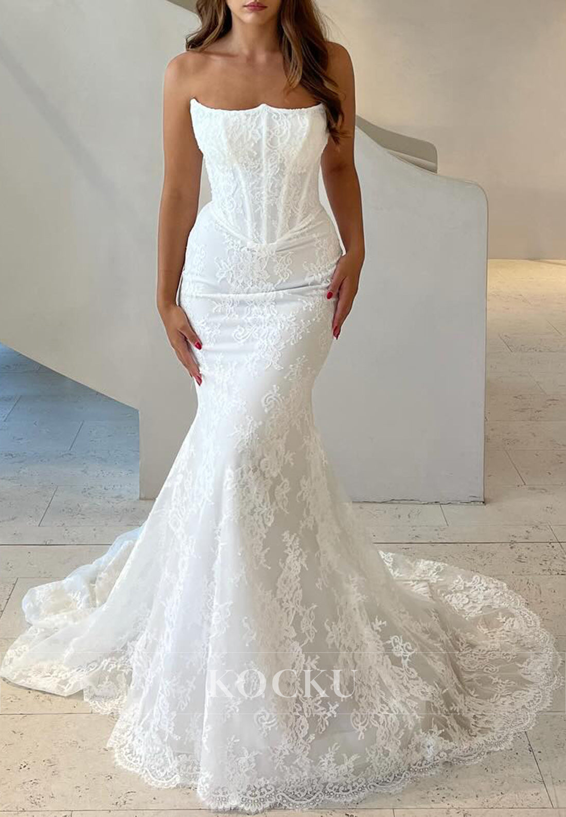 White Lace Strapless Buttons-Up Back Mermaid Long Wedding Gown