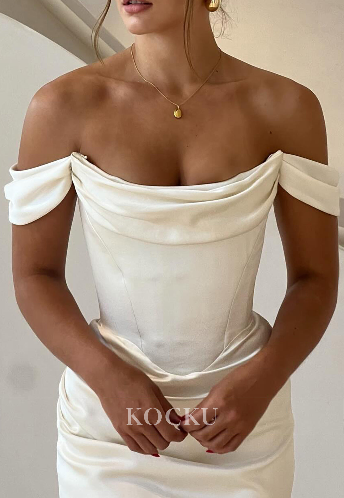 White Satin Off-Shoulder Ruched Mermaid Full-Lenght Wedding Dress