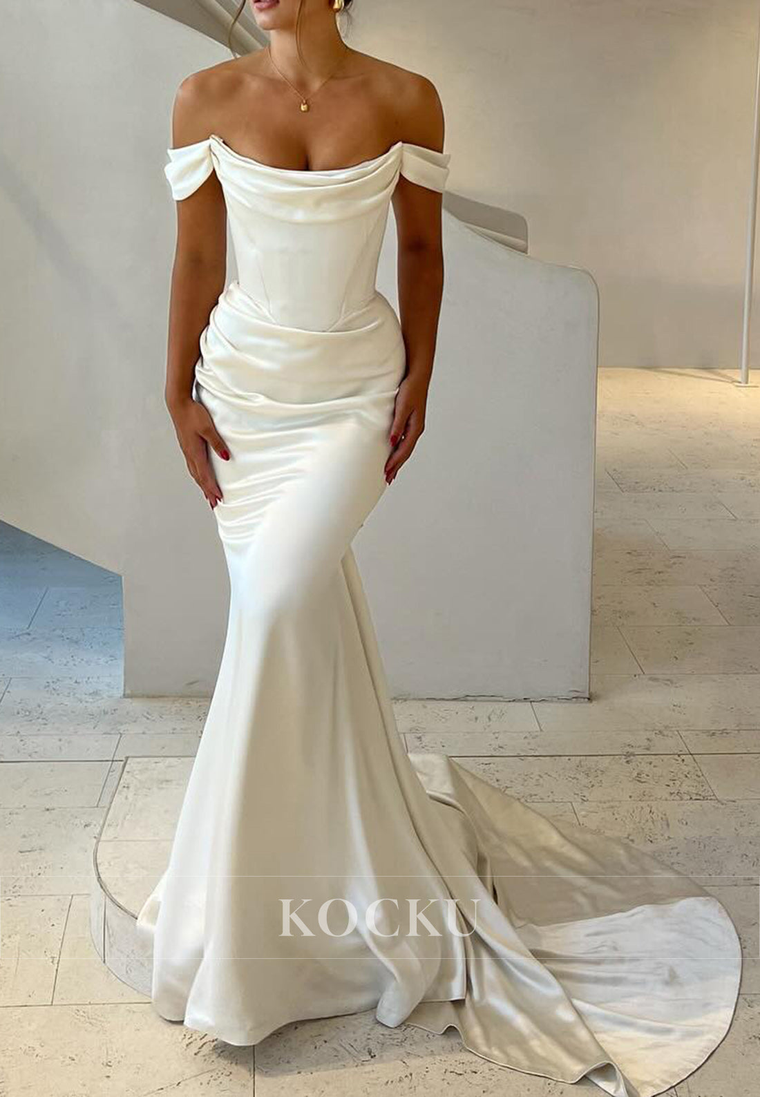 White Satin Off-Shoulder Ruched Mermaid Full-Lenght Wedding Dress