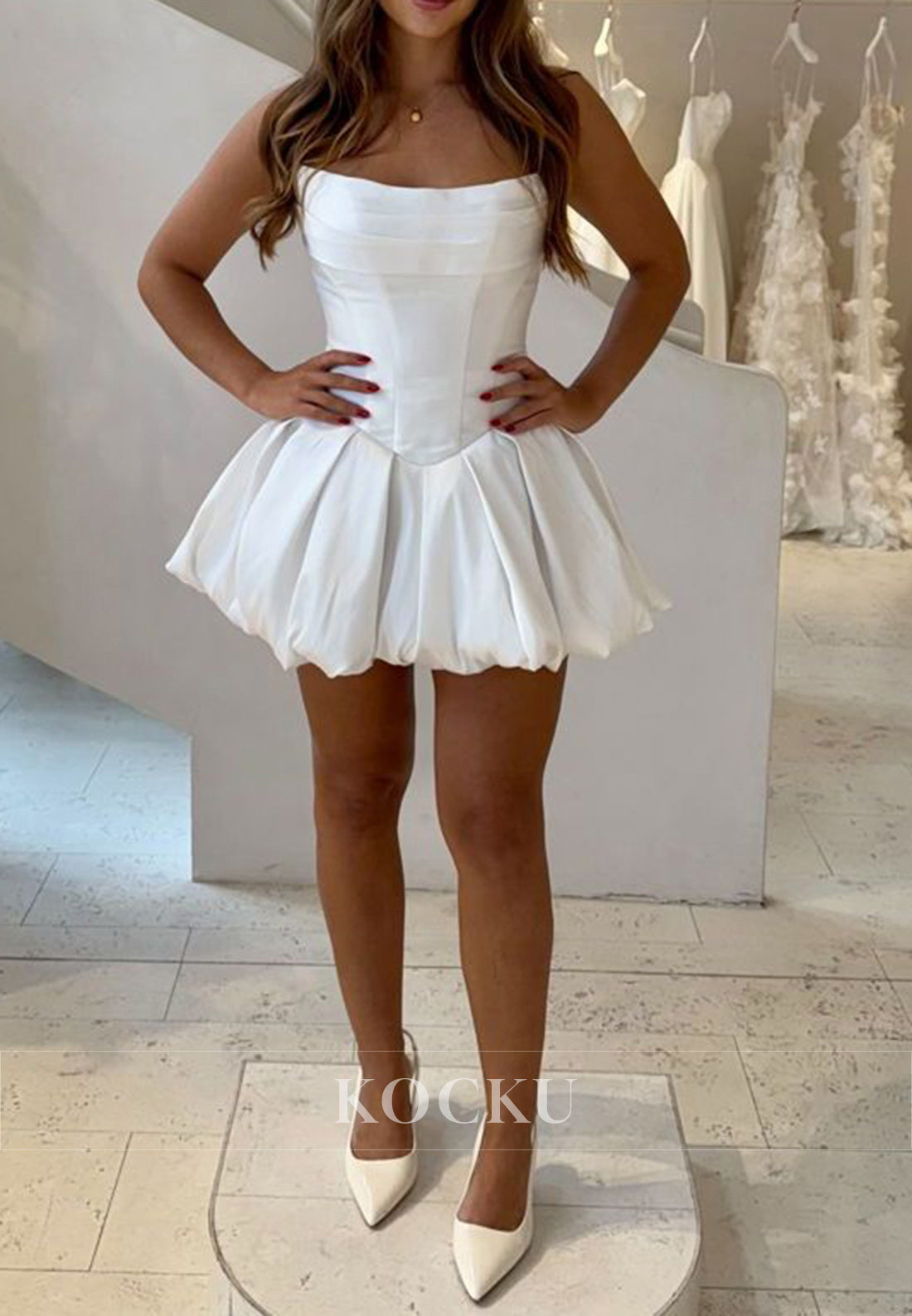White Strapless Ruched Pleated A-Line Mini Wedding Dress