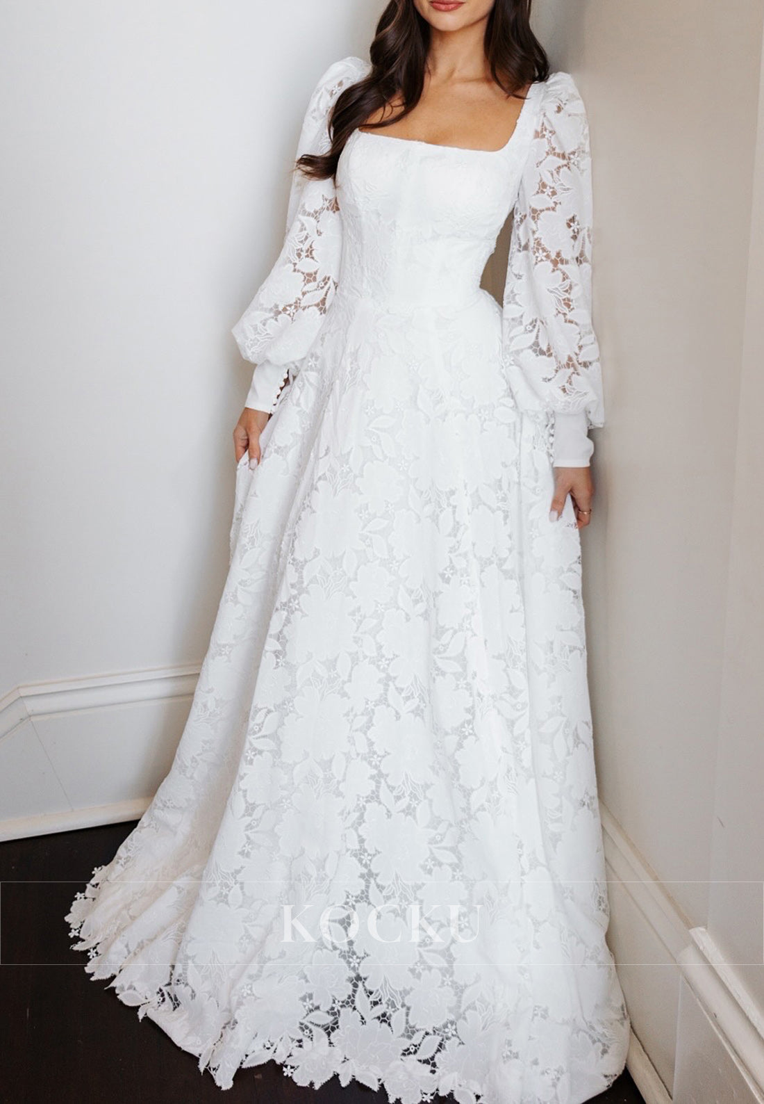 Romantic Square Neck Lace Wedding Dress with Puff Sleeves & Flowy Skirt