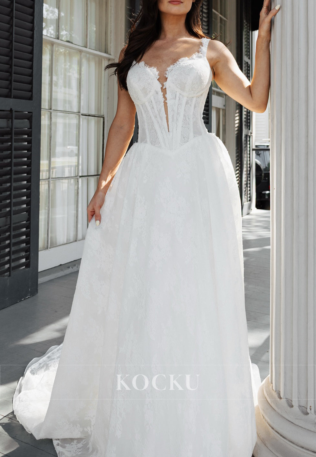 Romantic Spaghetti - Strap Lace Wedding Dress with Plunging Corset Bodice & Flowy Train