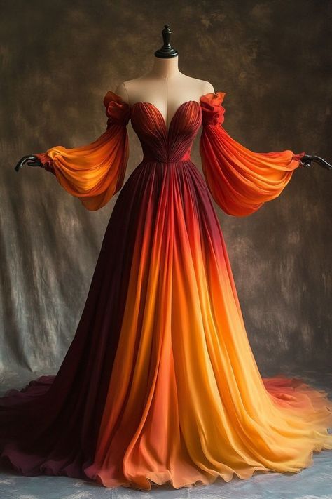 Unique A Line Long Sleeve Orange Ombre Chiffon Prom Dress Evening Dress