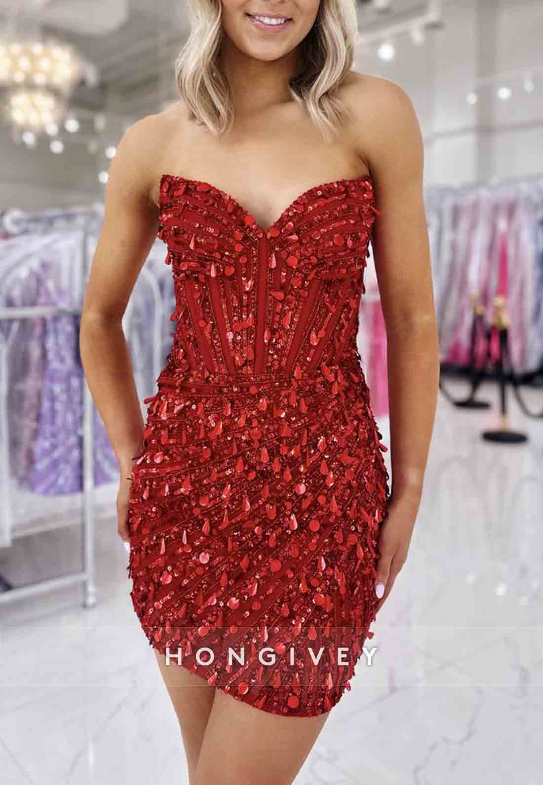 Sleeveless Sheath Strapless V-Neck Pleated Sequined Mini Homecoming Dresses
