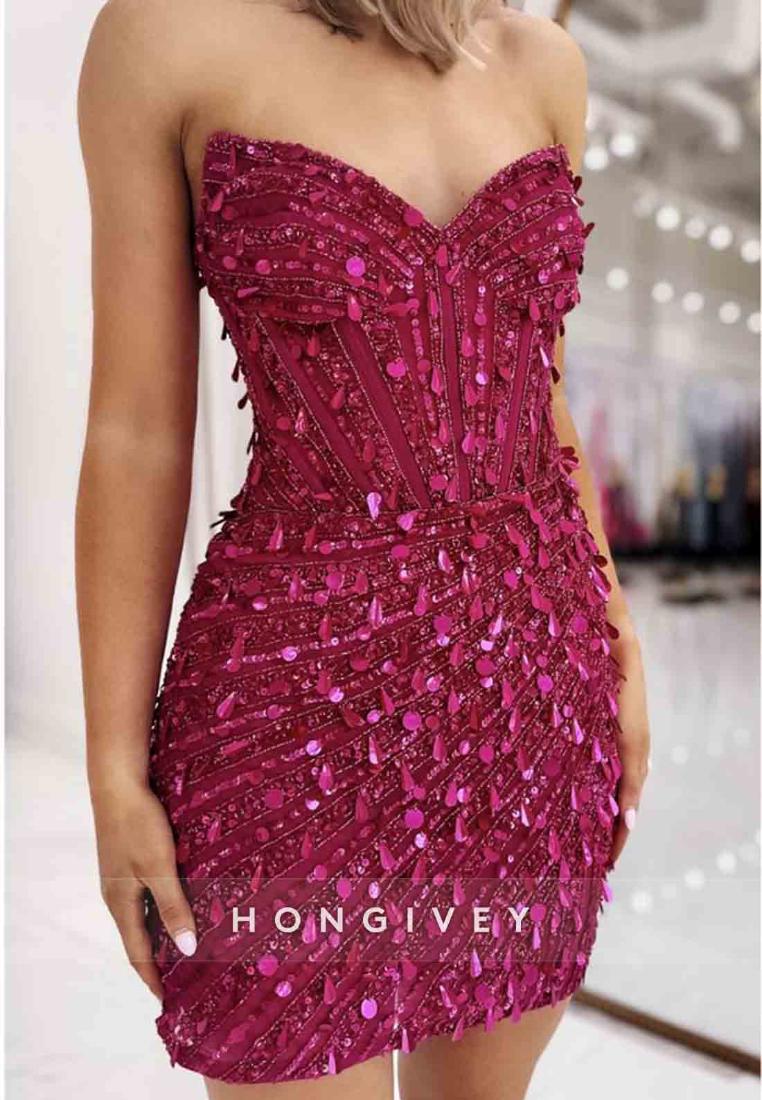 Sleeveless Sheath Strapless V-Neck Pleated Sequined Mini Homecoming Dresses