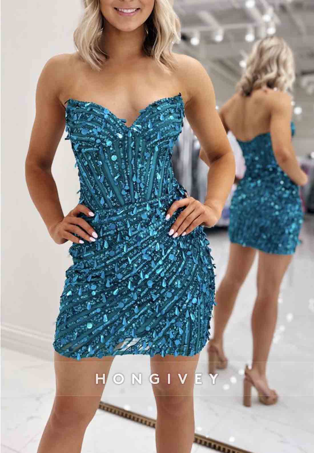 Sleeveless Sheath Strapless V-Neck Pleated Sequined Mini Homecoming Dresses