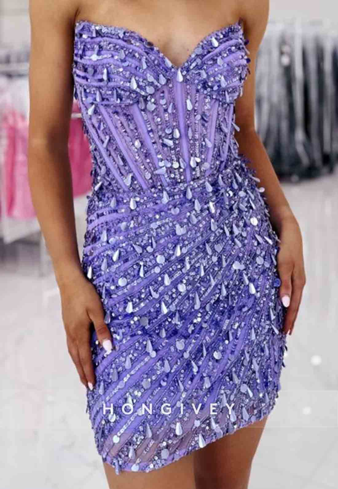 Sleeveless Sheath Strapless V-Neck Pleated Sequined Mini Homecoming Dresses