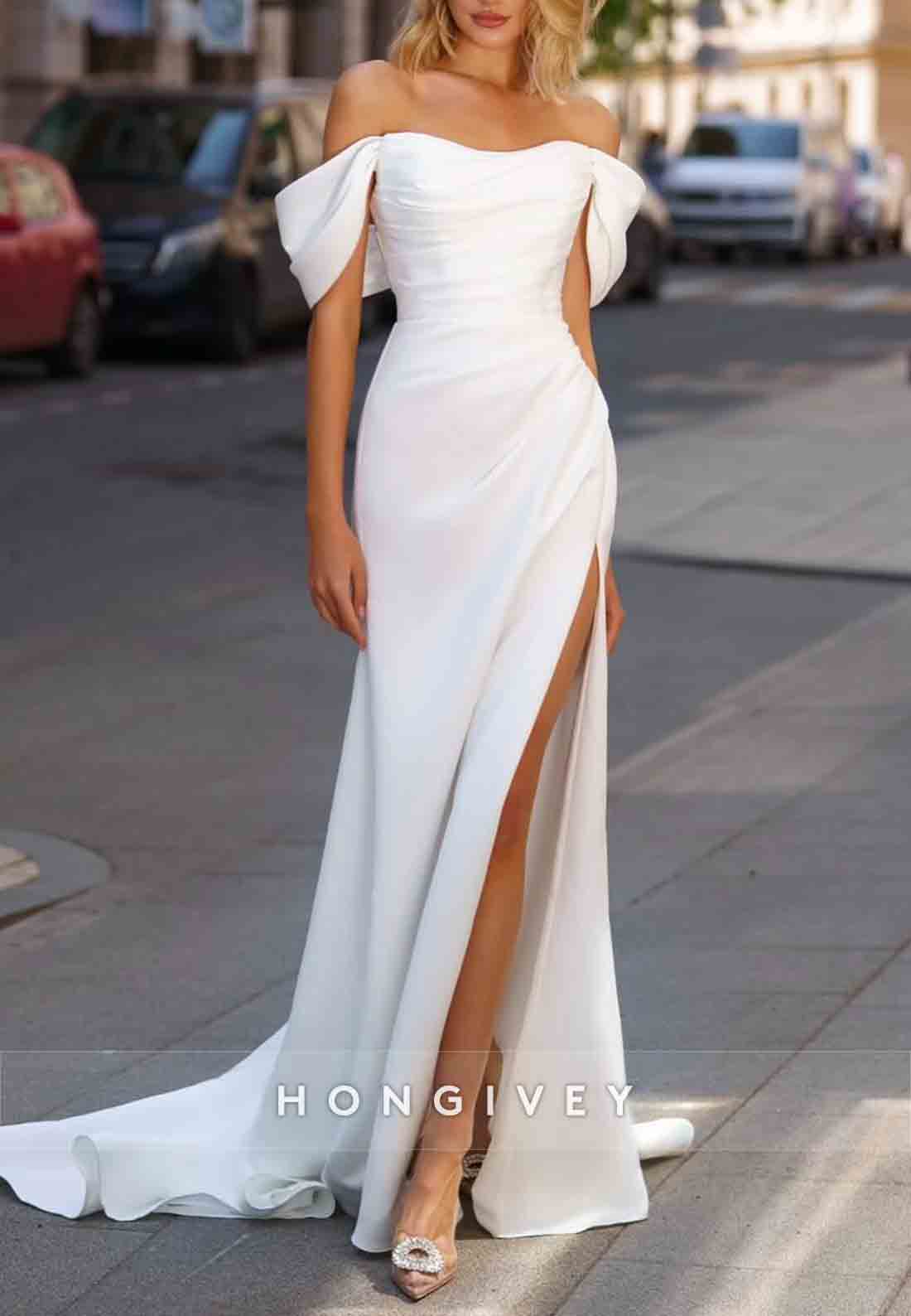 Simple Side Slit Off the Shoulder Low Back Sweep Train Pleated Wedding Dresses
