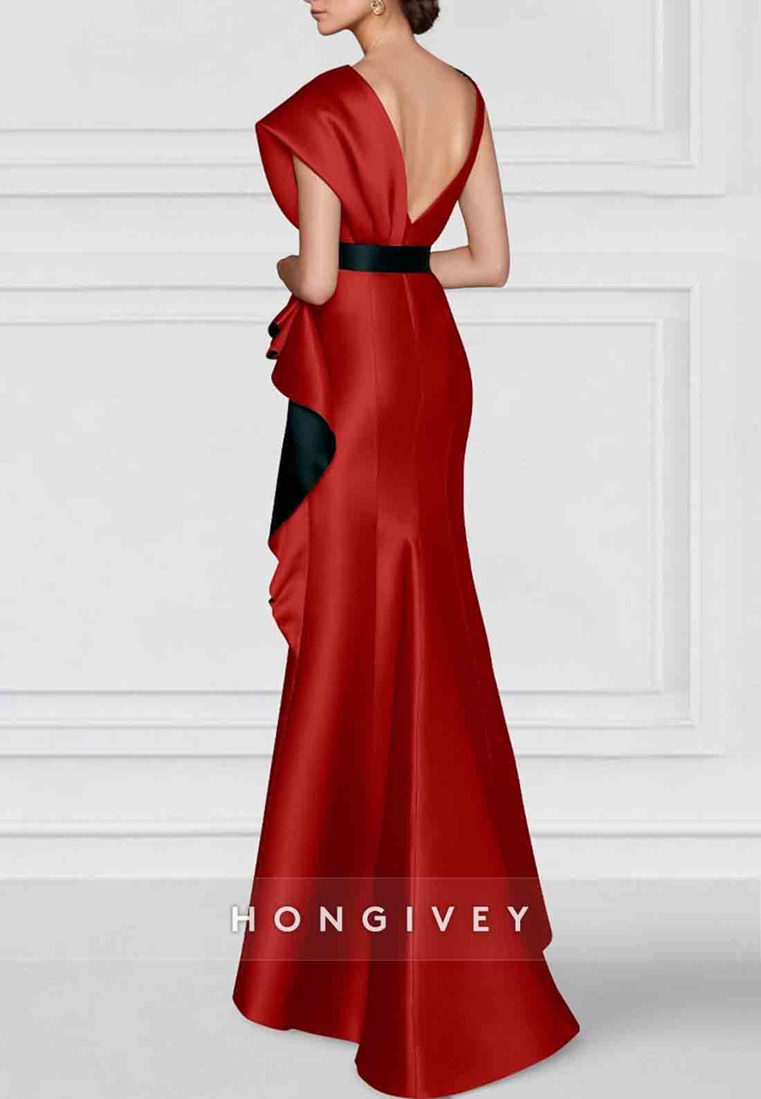 Waistband Appliqued Column Floor-Length V Neck Satin  Mother of the Bride