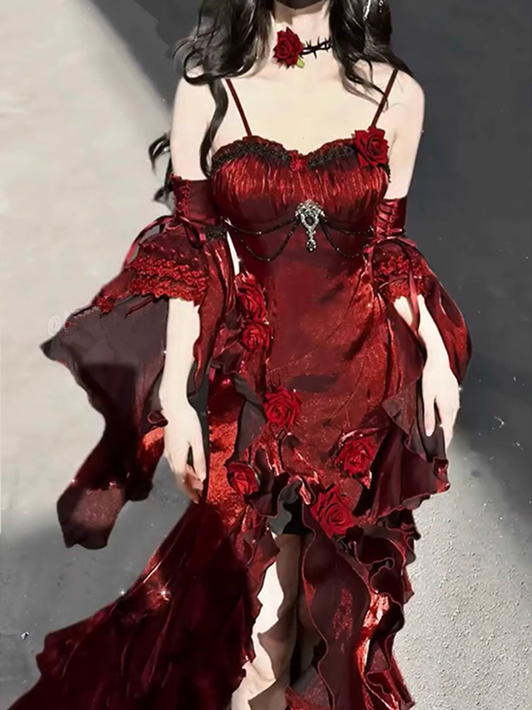 Vintage Sheath Irregular Ruffled Spaghetti Straps Women'S Burgundy Birthday Party Dresses With Sleeves