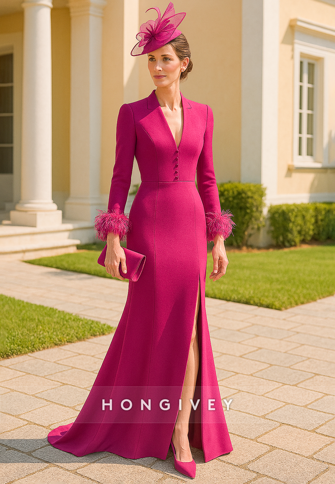 V-Neck Feathers Long Sleeves Elegant Mother of the Bride Dress with Slit
