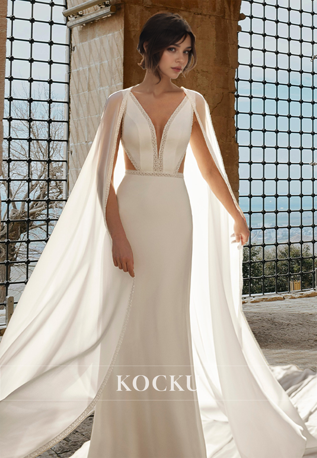 V-Neck Straps Sheath Two Piece Satin Cut Outs Wedding Dress Bridal Gown with Train