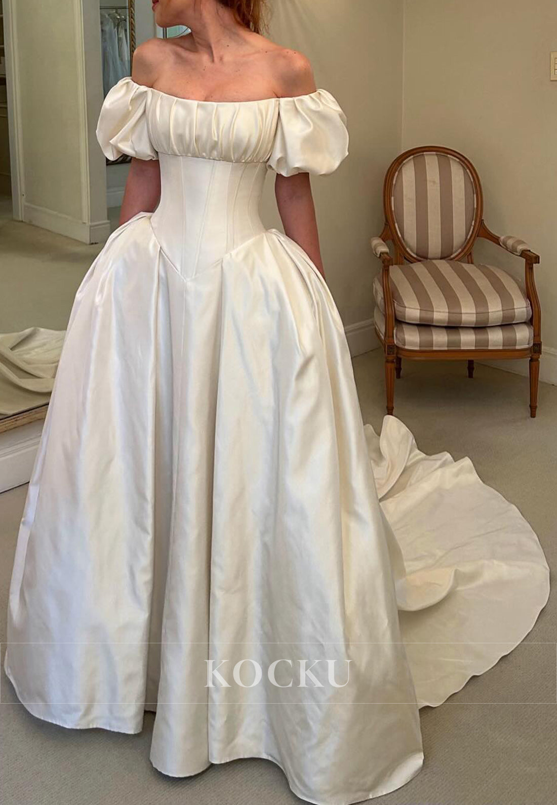 Vintage - Inspired Off - Shoulder Satin Ball Gown Wedding Dress with Puff Sleeves & Corset Bodice