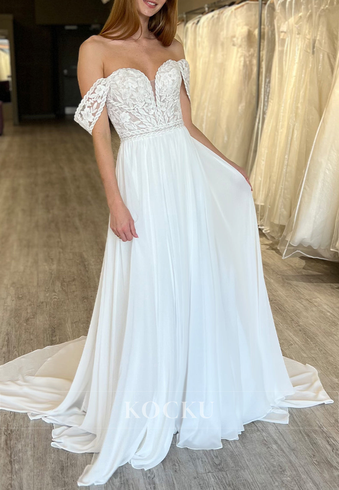 White Lace Bodice Sweetheart A-Line Wedding Dress with Detachable Straps