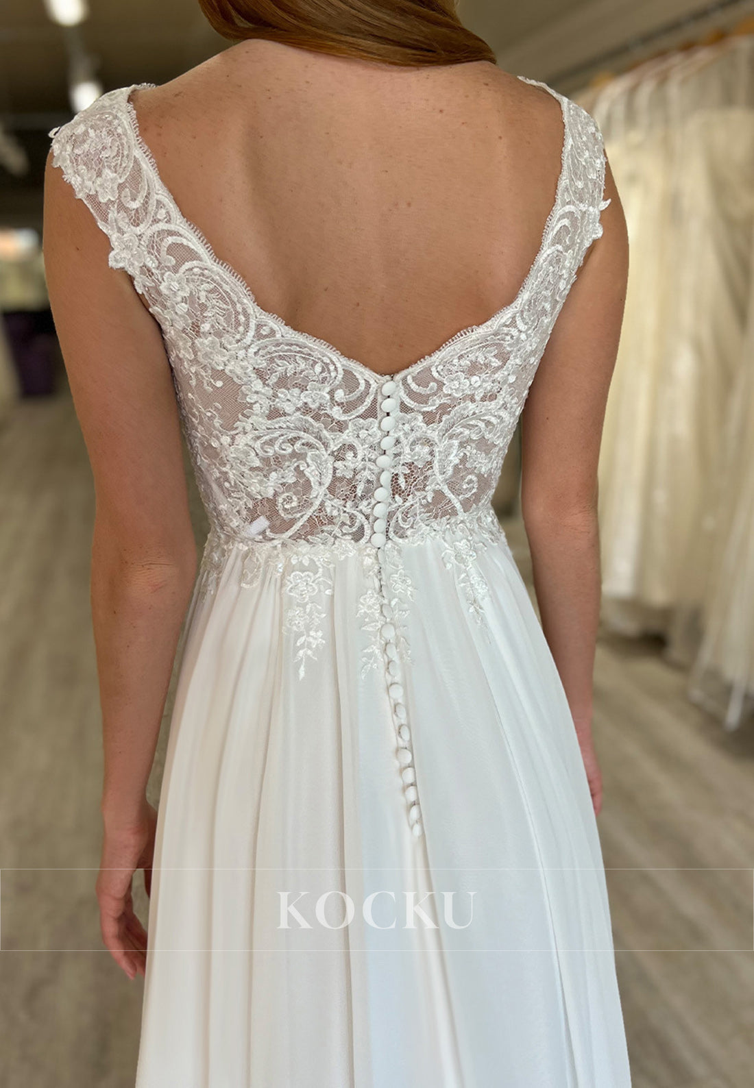 White Lace Bodice Bateau Neck Backless A-Line Long Wedding Dress