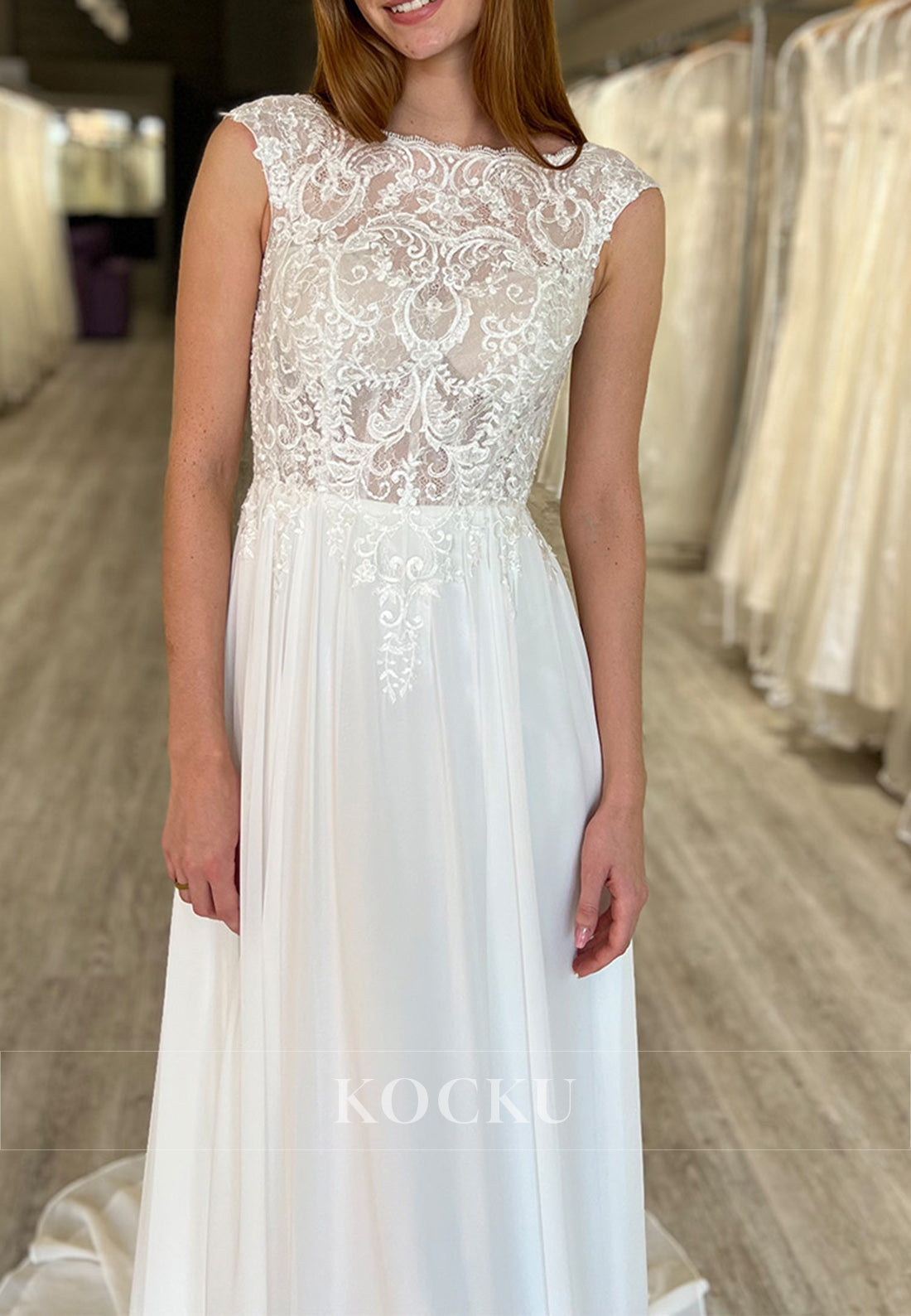 White Lace Bodice Bateau Neck Backless A-Line Long Wedding Dress