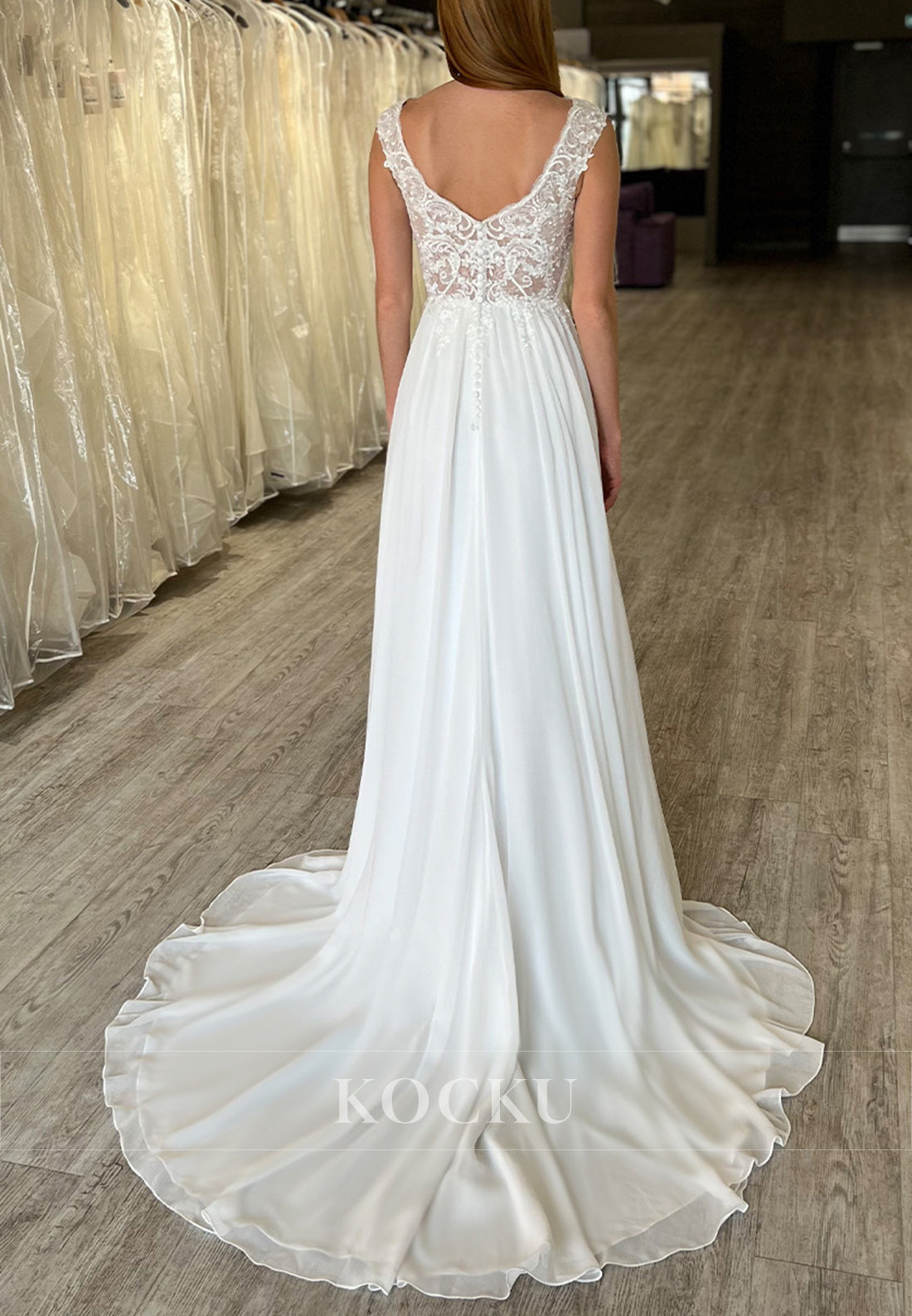 White Lace Bodice Bateau Neck Backless A-Line Long Wedding Dress
