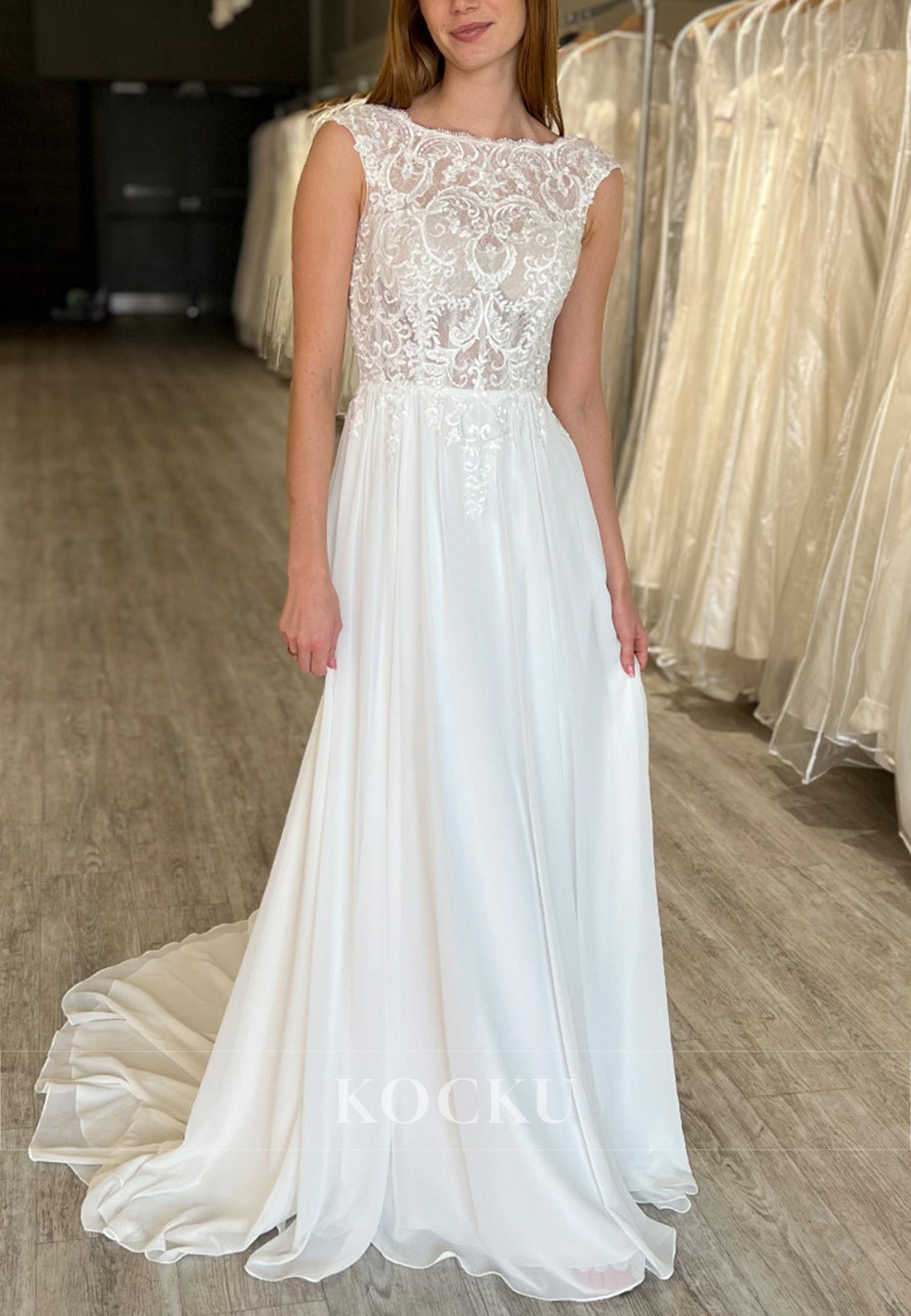 White Lace Bodice Bateau Neck Backless A-Line Long Wedding Dress