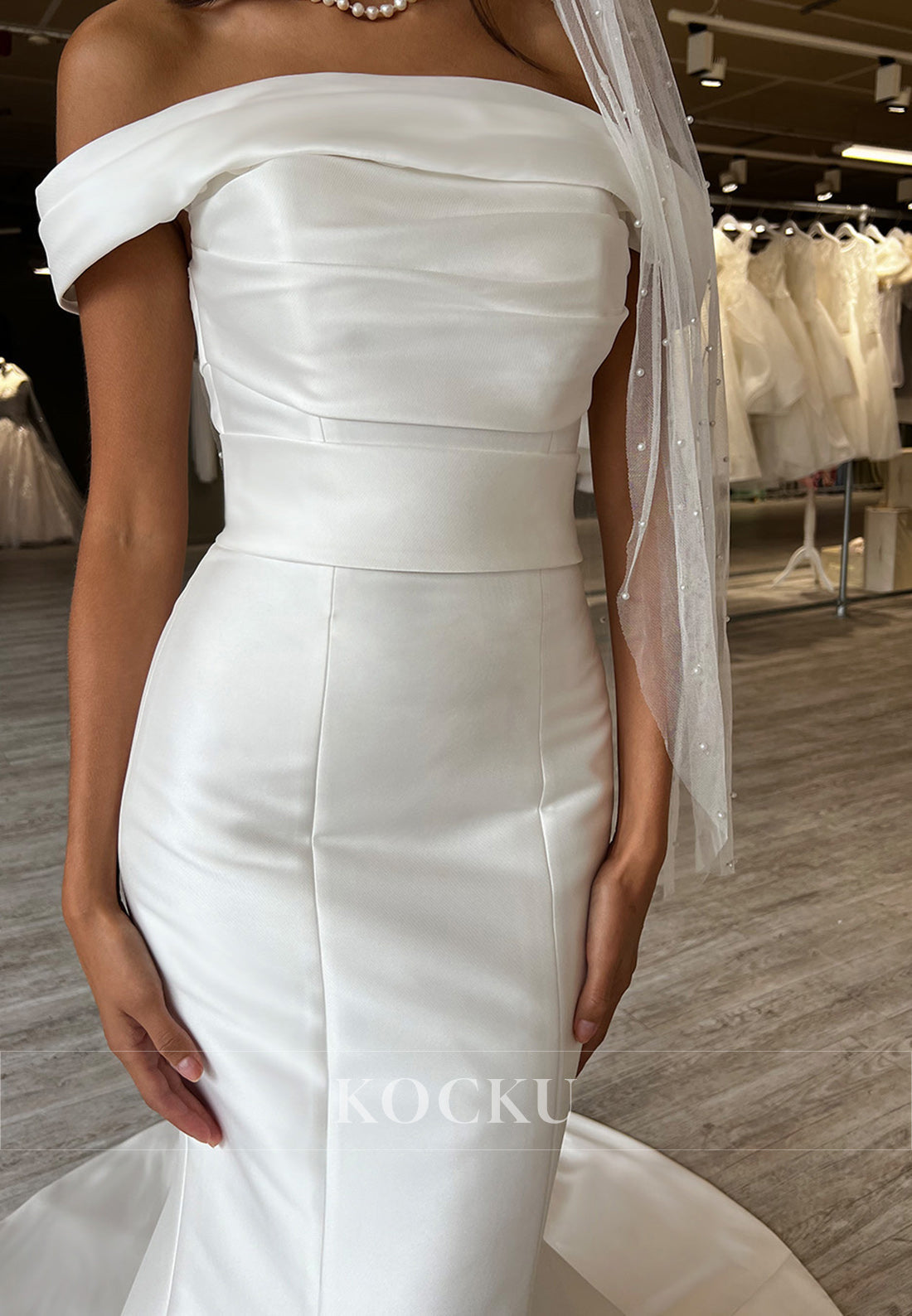 Off-the-Shoulder Ruched Buttons Up Back Mermaid Satin Wedding Gown