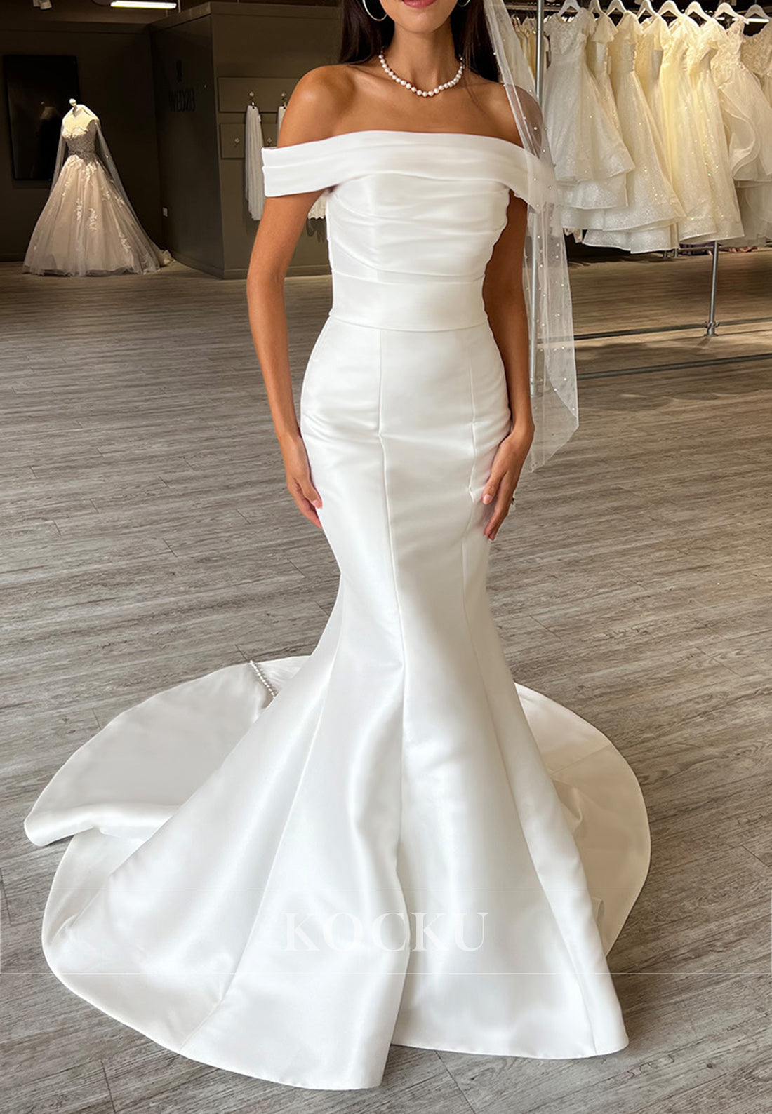 Off-the-Shoulder Ruched Buttons Up Back Mermaid Satin Wedding Gown