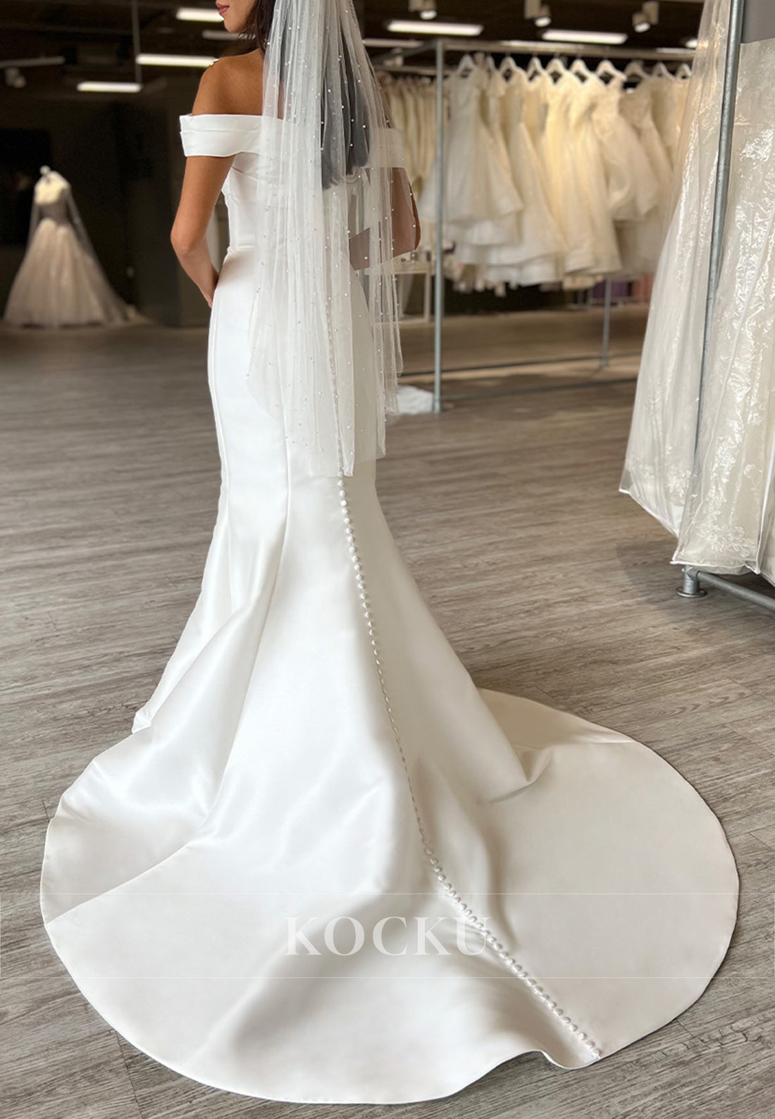 Off-the-Shoulder Ruched Buttons Up Back Mermaid Satin Wedding Gown