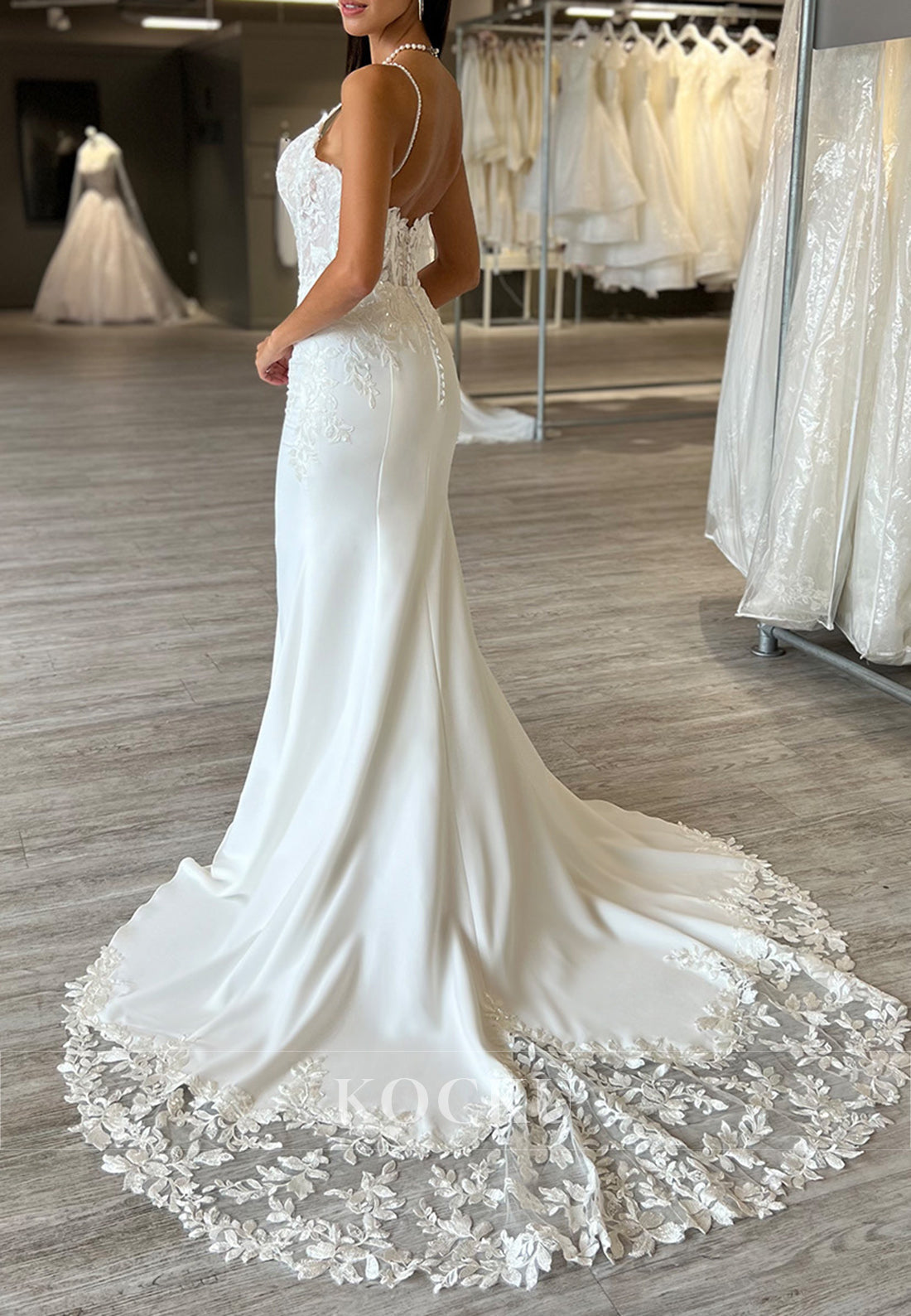 White Applique Spaghetti Strap Backless Mermaid Long Wedding Dress