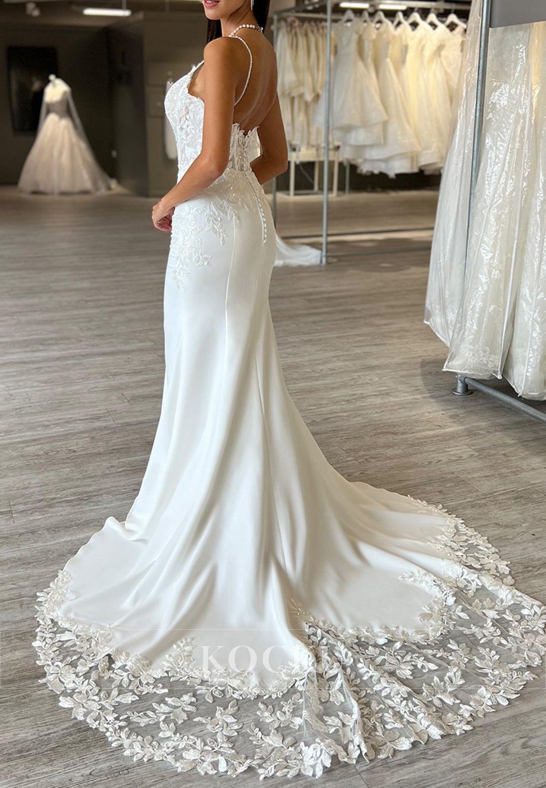 White Applique Spaghetti Strap Backless Mermaid Long Wedding Dress