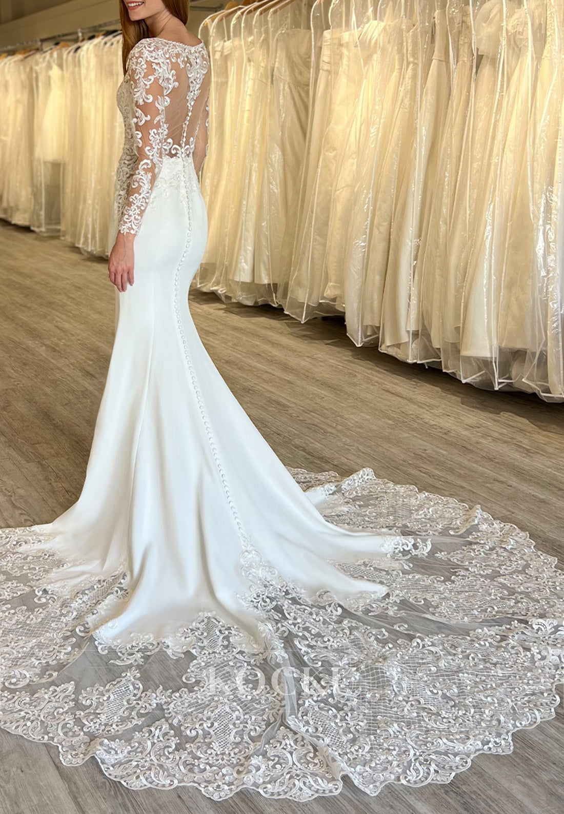 White Lace Bodice Deep Neck Sheer Back Mermaid Wedding Dress with Long Sleeves
