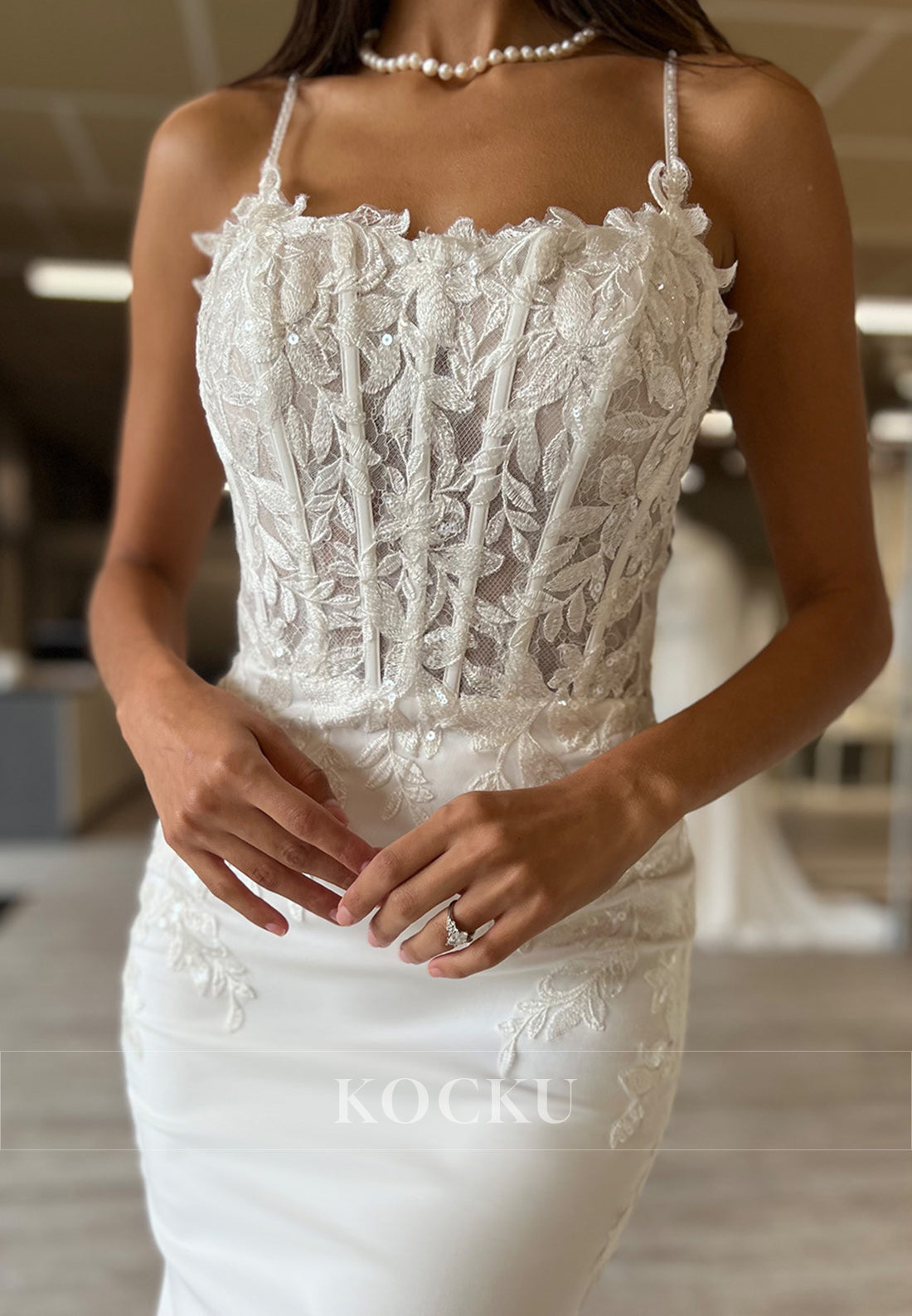 White Applique Spaghetti Strap Backless Mermaid Long Wedding Dress