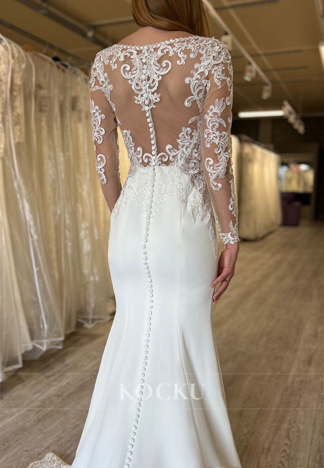 White Lace Bodice Deep Neck Sheer Back Mermaid Wedding Dress with Long Sleeves