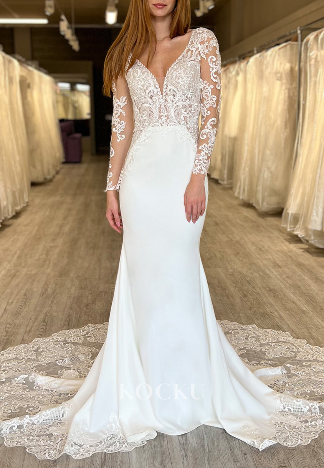 White Lace Bodice Deep Neck Sheer Back Mermaid Wedding Dress with Long Sleeves