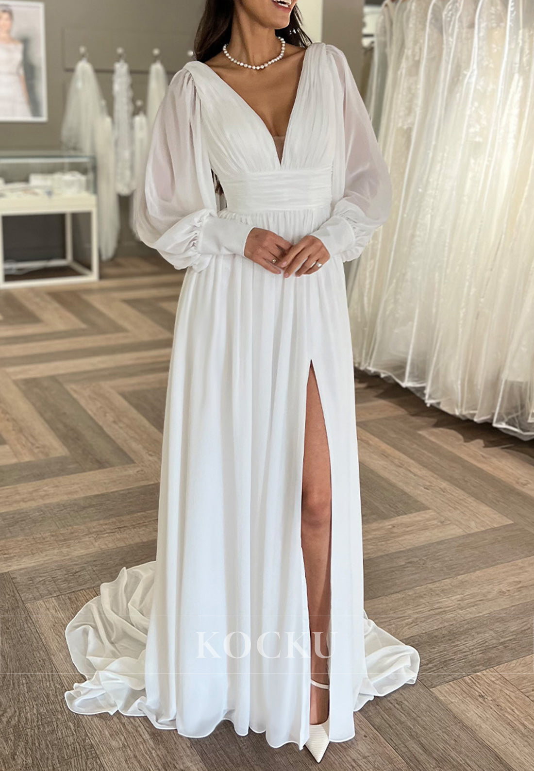White Deep Neck High-Waist Backless Wedding Dress with Balloon Sleeves and Side Slit