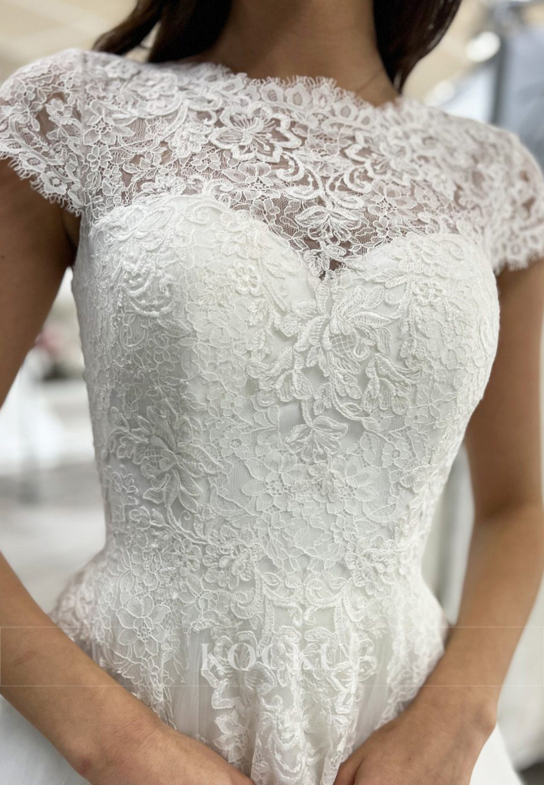 White Lace Cap Sleeve A-Line Ankle-Length Wedding Dress with Lace-Up Back