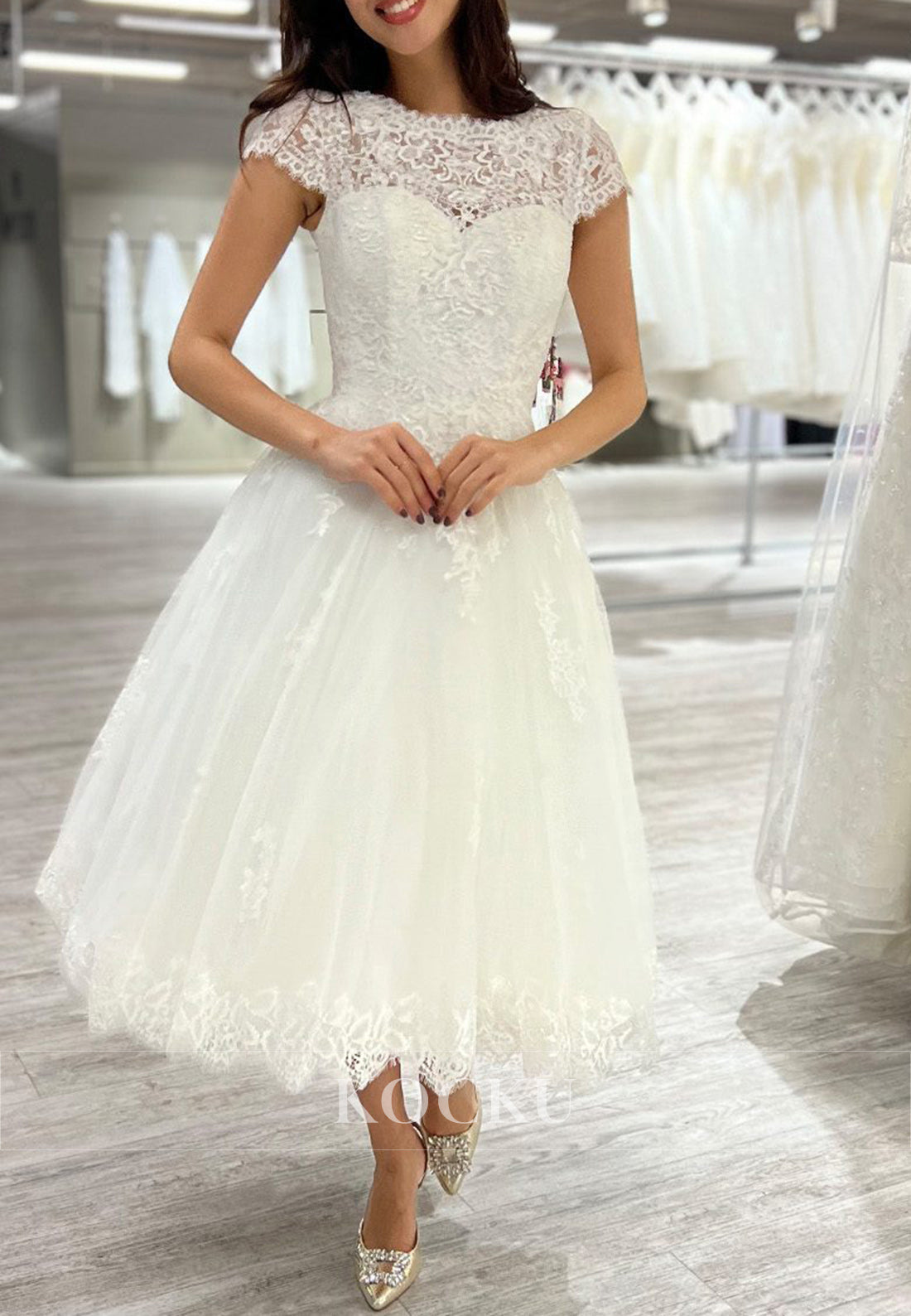 White Lace Cap Sleeve A-Line Ankle-Length Wedding Dress with Lace-Up Back