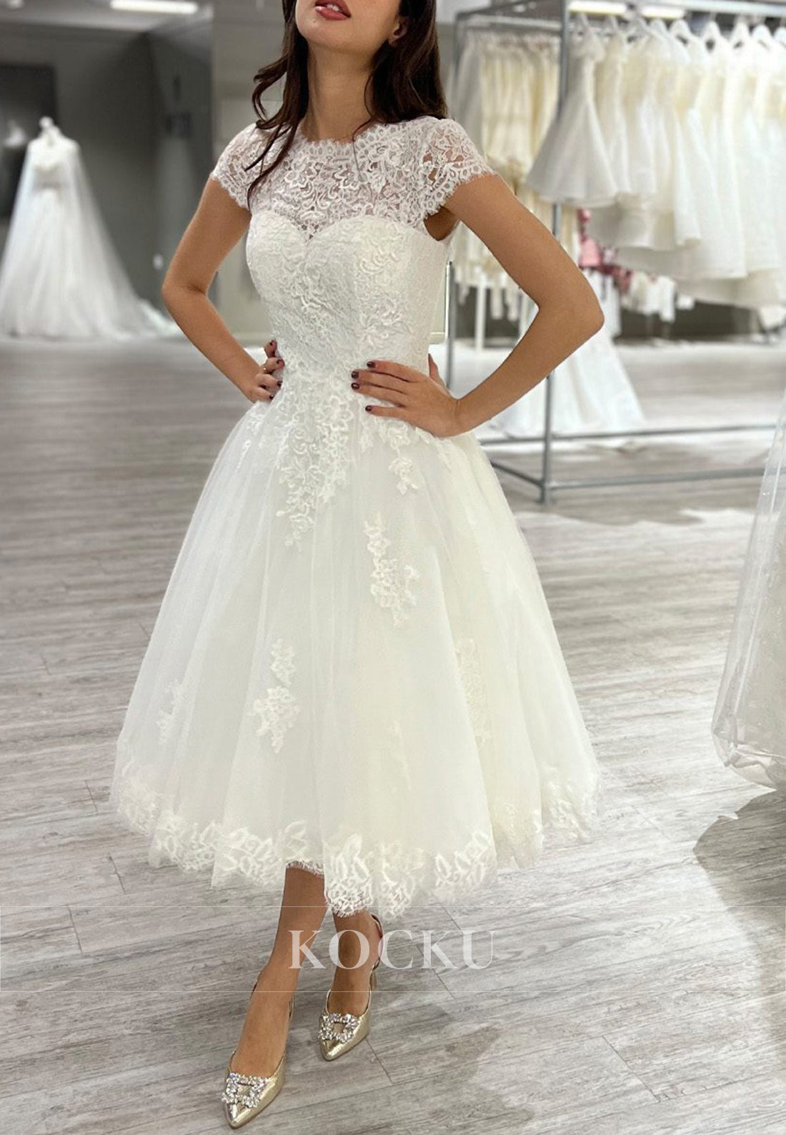 White Lace Cap Sleeve A-Line Ankle-Length Wedding Dress with Lace-Up Back