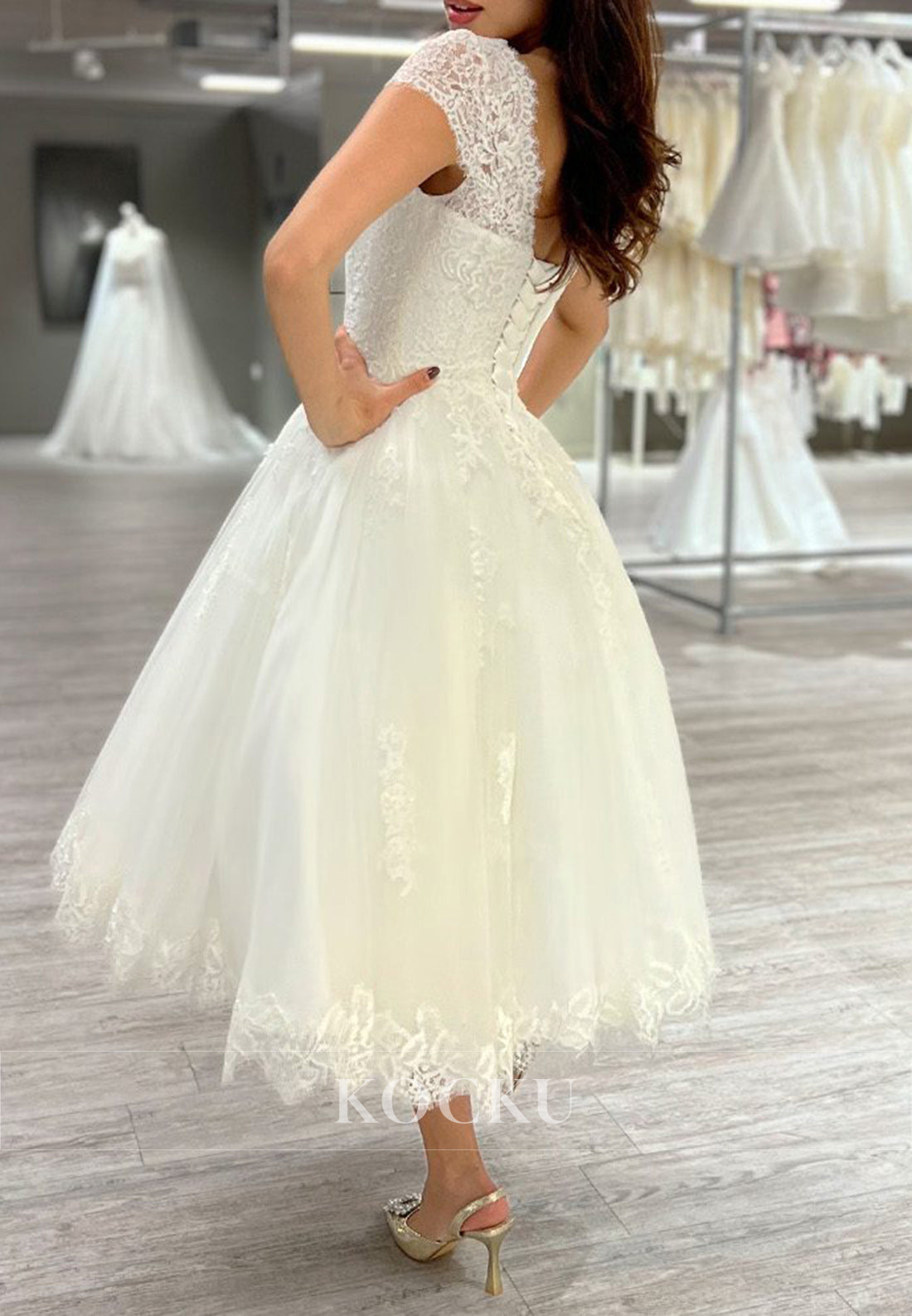 White Lace Cap Sleeve A-Line Ankle-Length Wedding Dress with Lace-Up Back