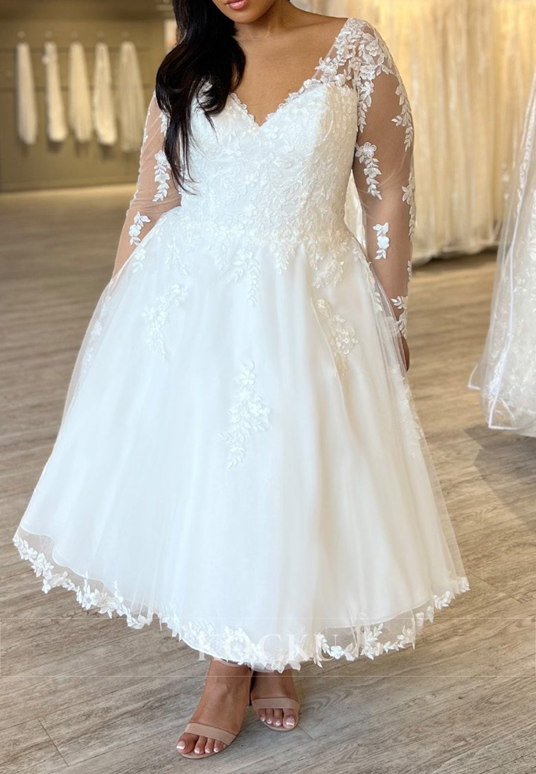 White Applique Sweetheart Lace-Up Back Ankle-Length Wedding Dress with Long Sleeves