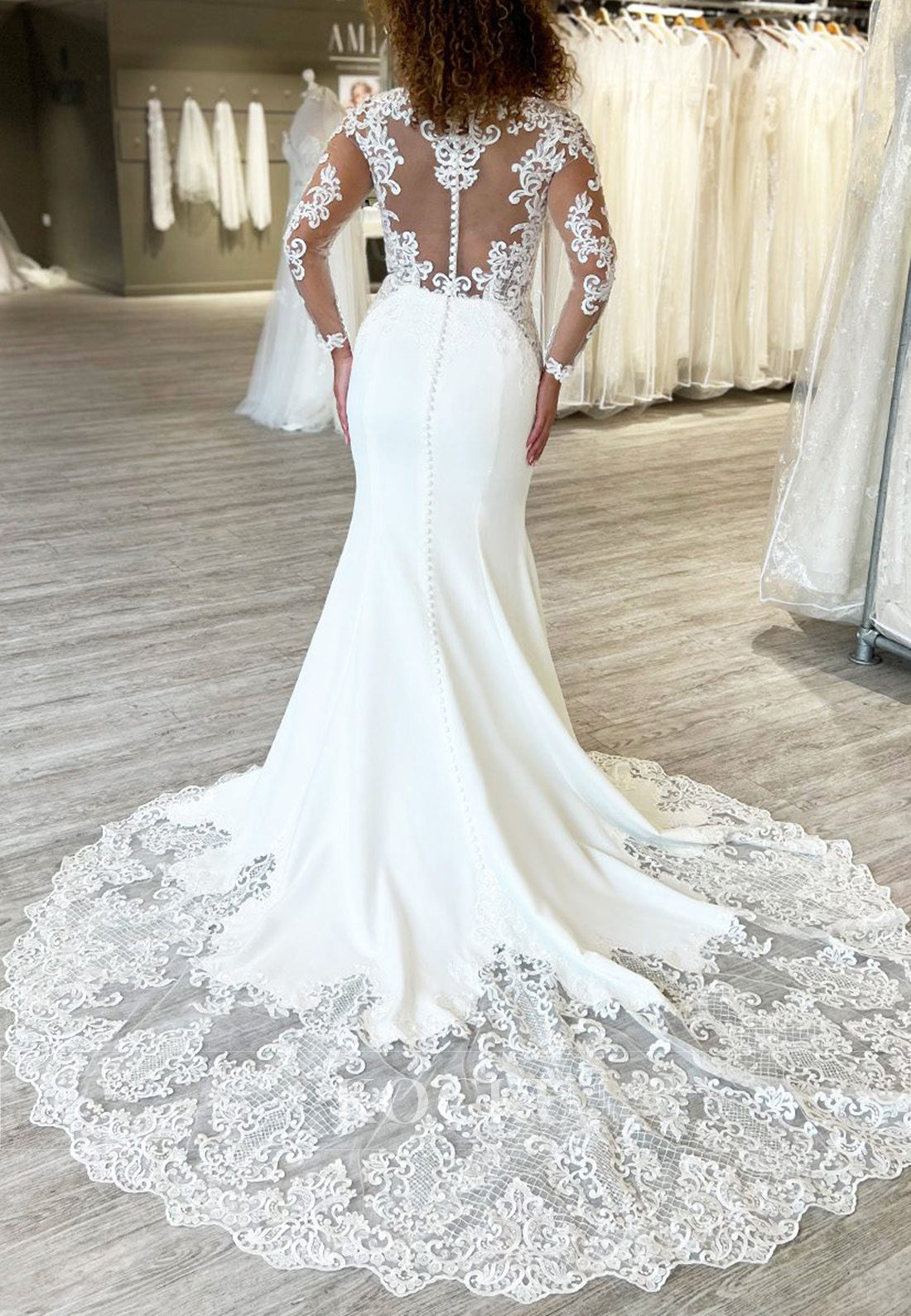 Elegant V-Neck Long-Sleeve Sheer Back Lace Mermaid Wedding Dress