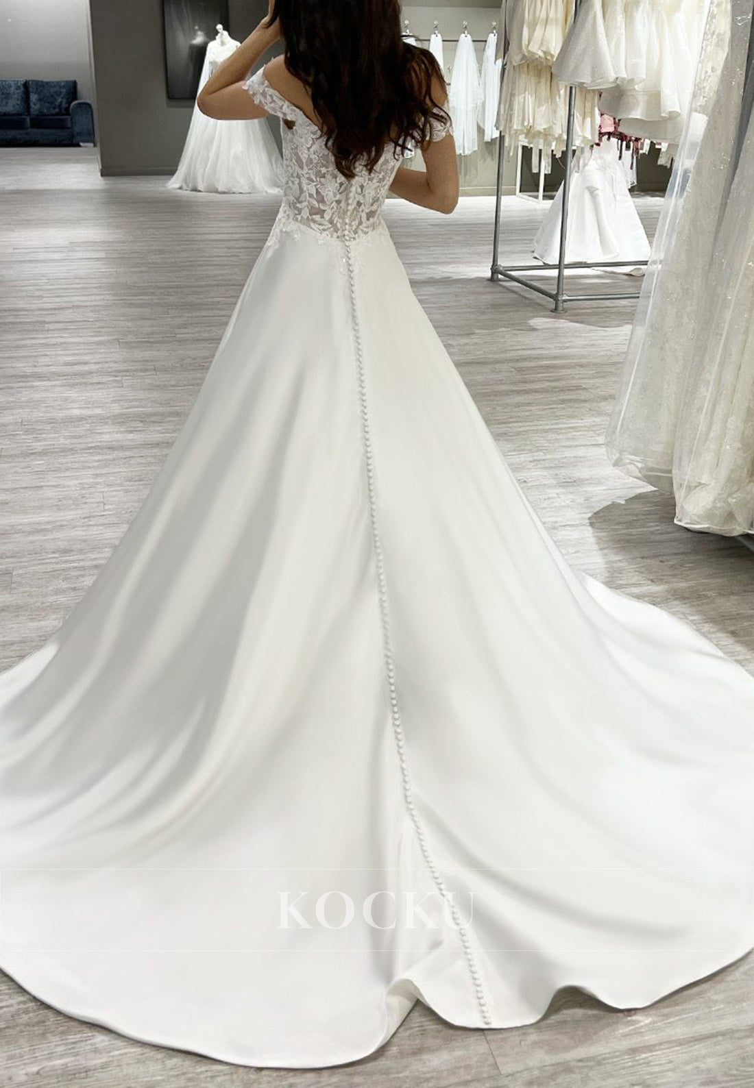 Off-the-Shoulder White Appliques Buttons-Up Back Ballgown Satin Wedding Dress