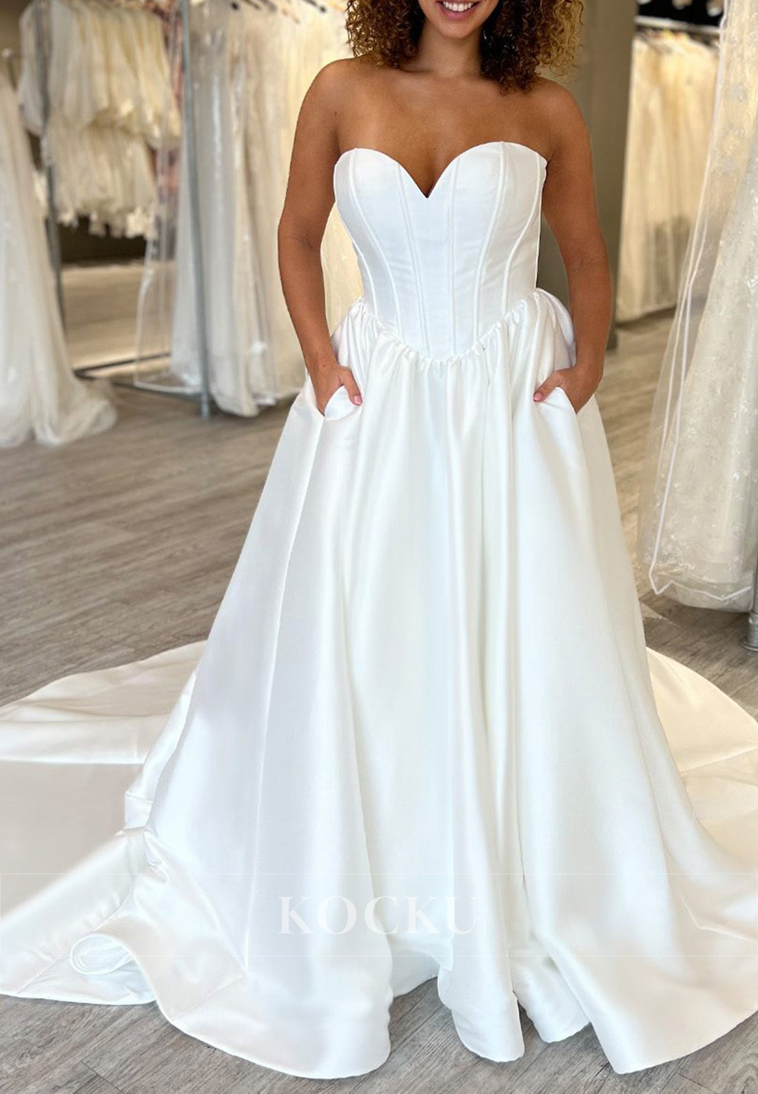 White Satin Sweetheart Buttons-Up Back A-Line Wedding Dress with Pockets