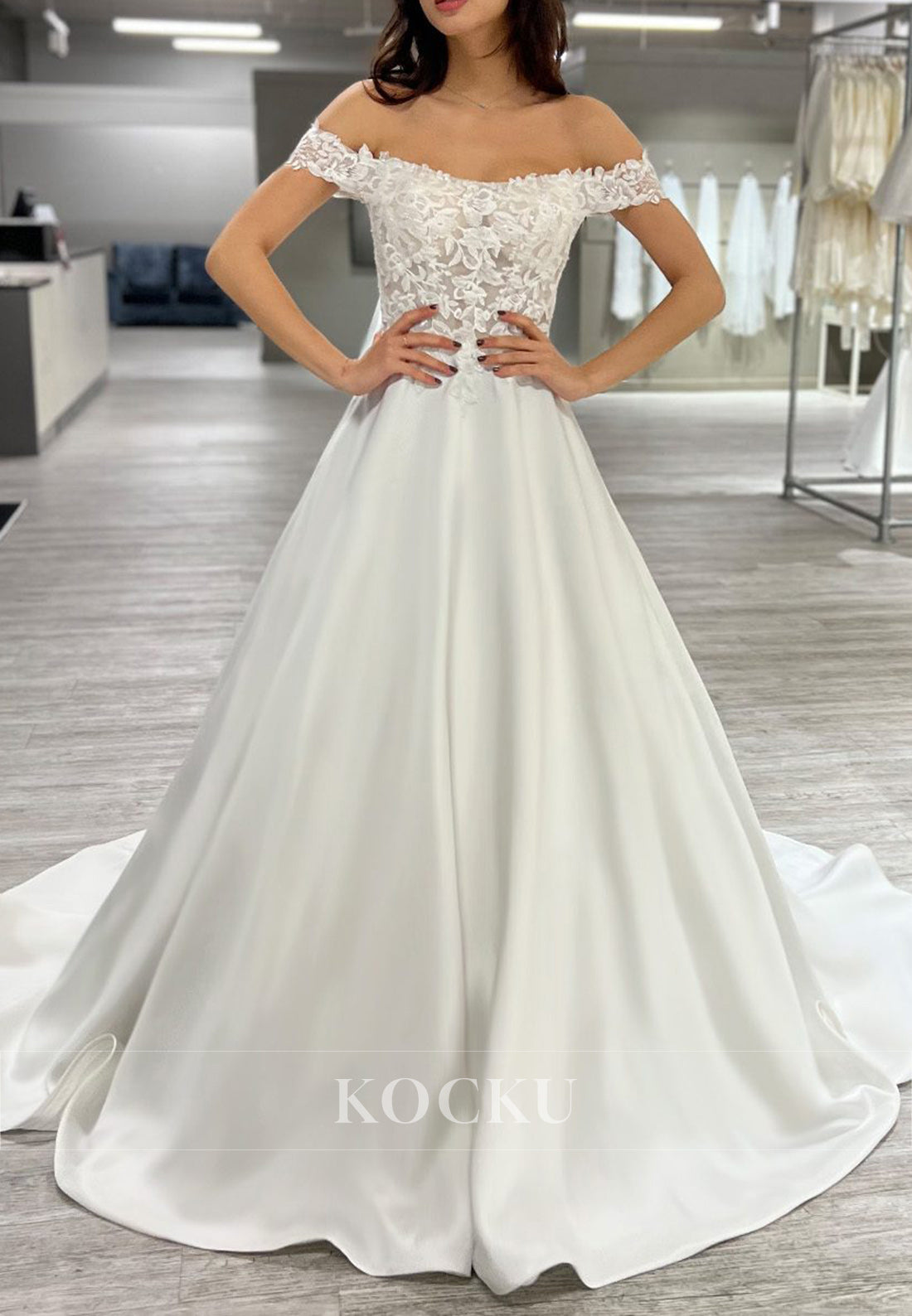 Off-the-Shoulder White Appliques Buttons-Up Back Ballgown Satin Wedding Dress