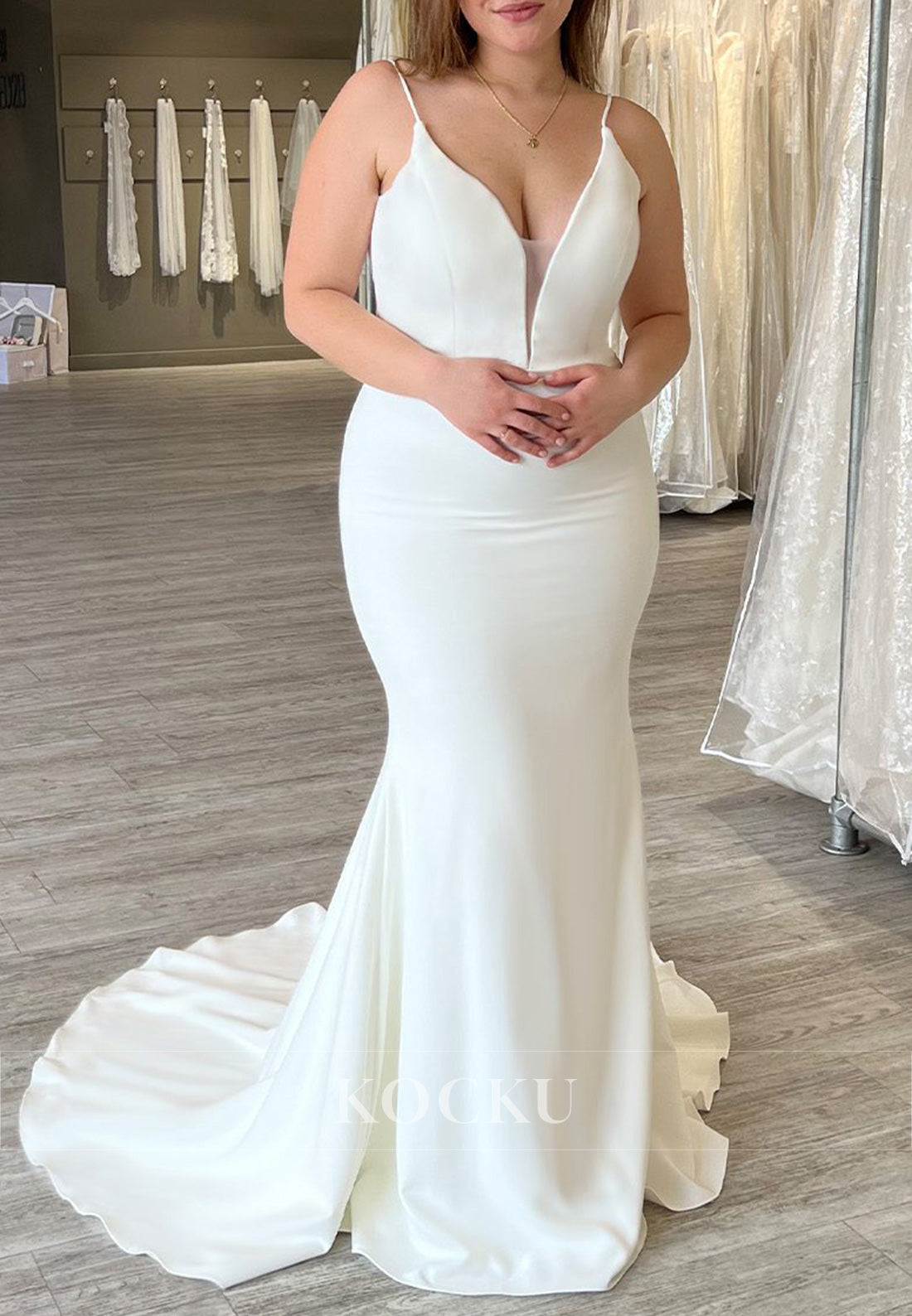 White Spaghetti Strap Deep Neck Cowl Back Mermaid Wedding Dress