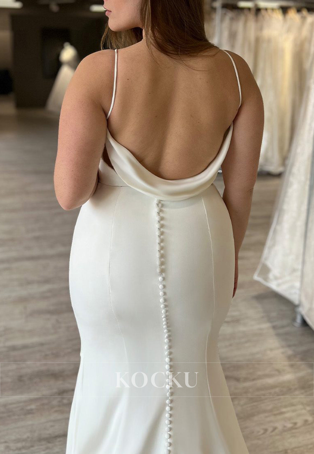 White Spaghetti Strap Deep Neck Cowl Back Mermaid Wedding Dress