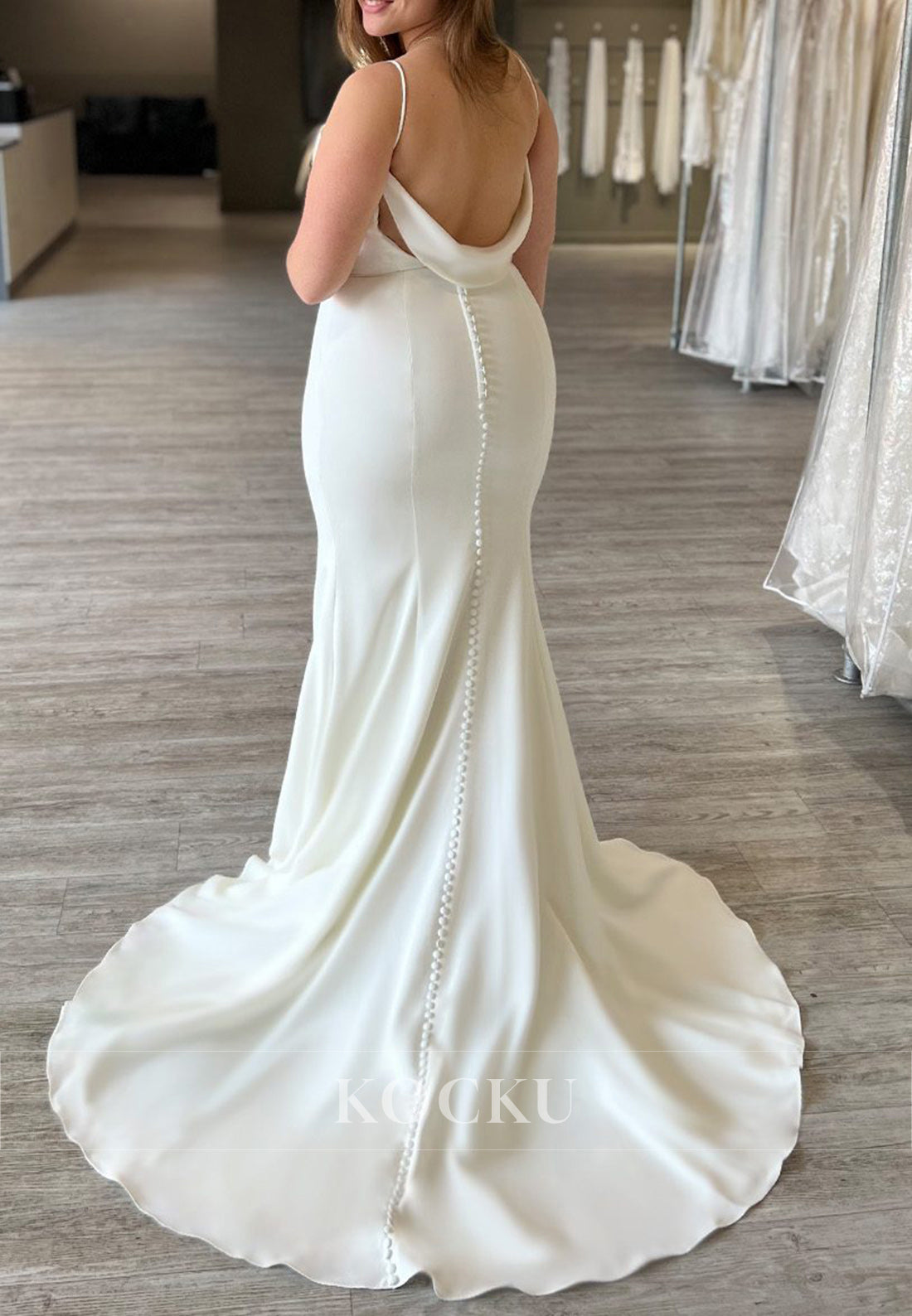 White Spaghetti Strap Deep Neck Cowl Back Mermaid Wedding Dress